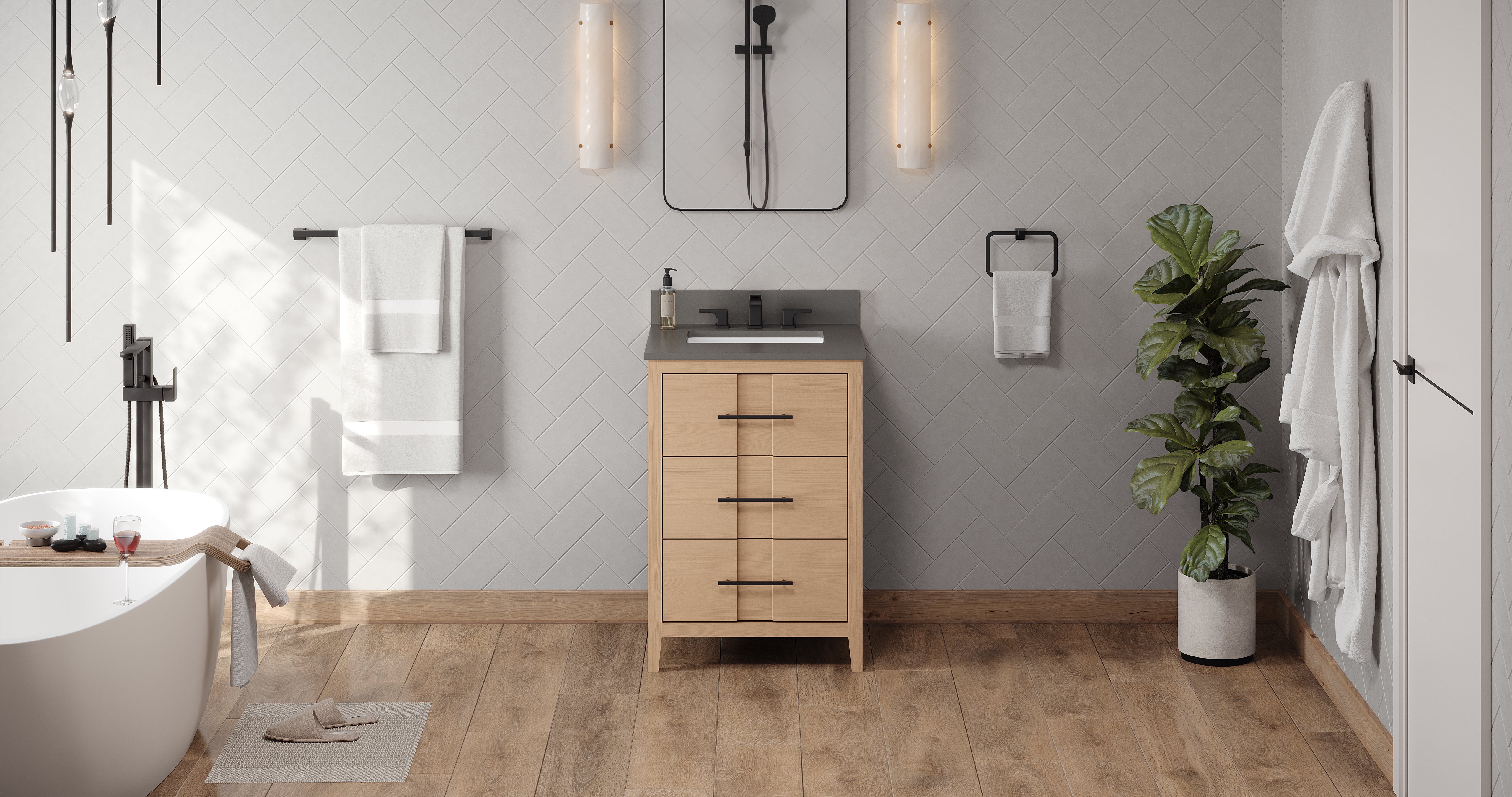 Katara 24" Single Bathroom Vanity Set Natural Oak, Grey Quartz Vanity Top, Rectangle Bowl | KitchBath