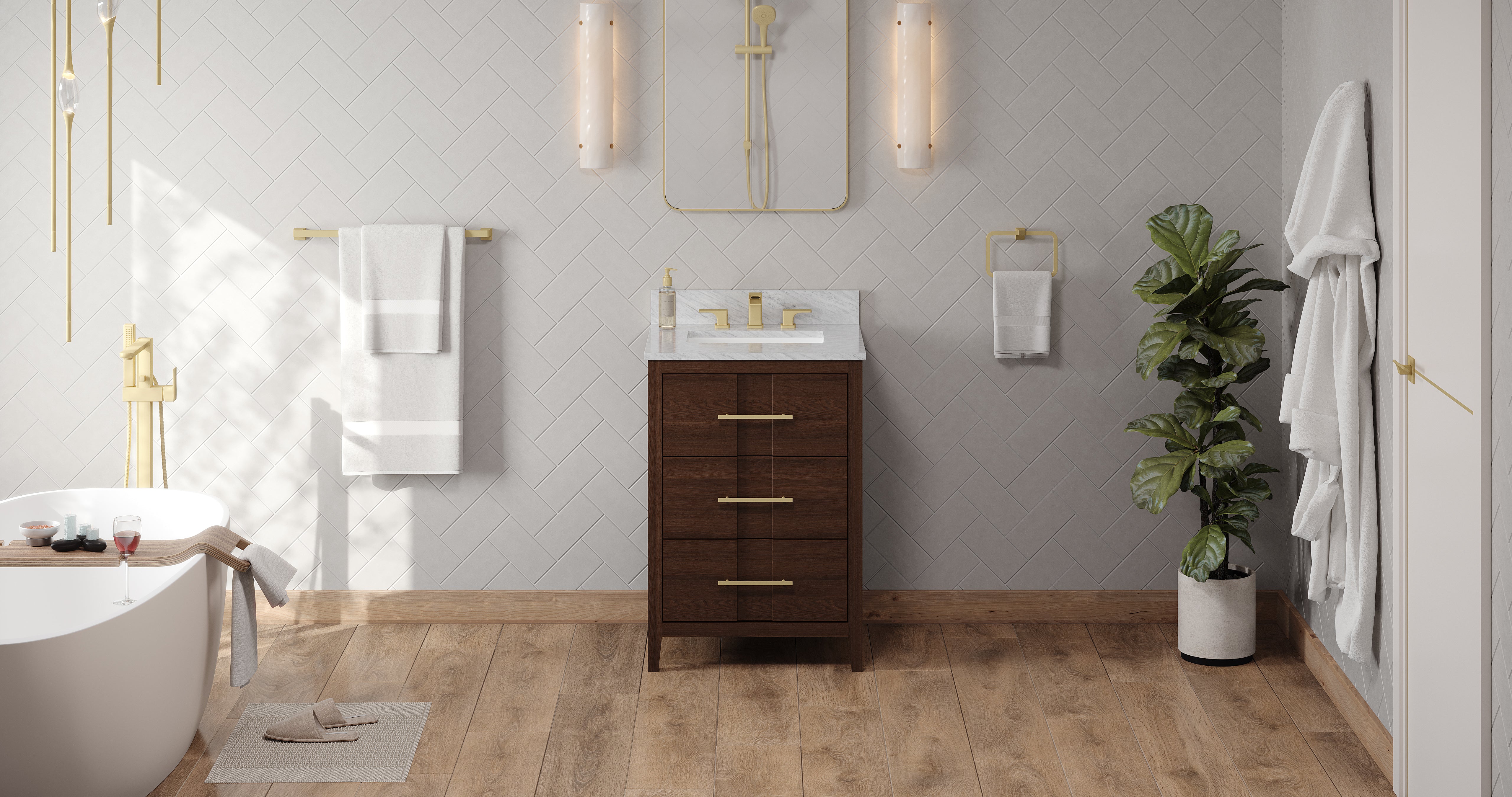 Katara 24" Single Bathroom Vanity Set Dark Walnut, White Carrara Marble Vanity Top, Rectangle Bowl | KitchBath