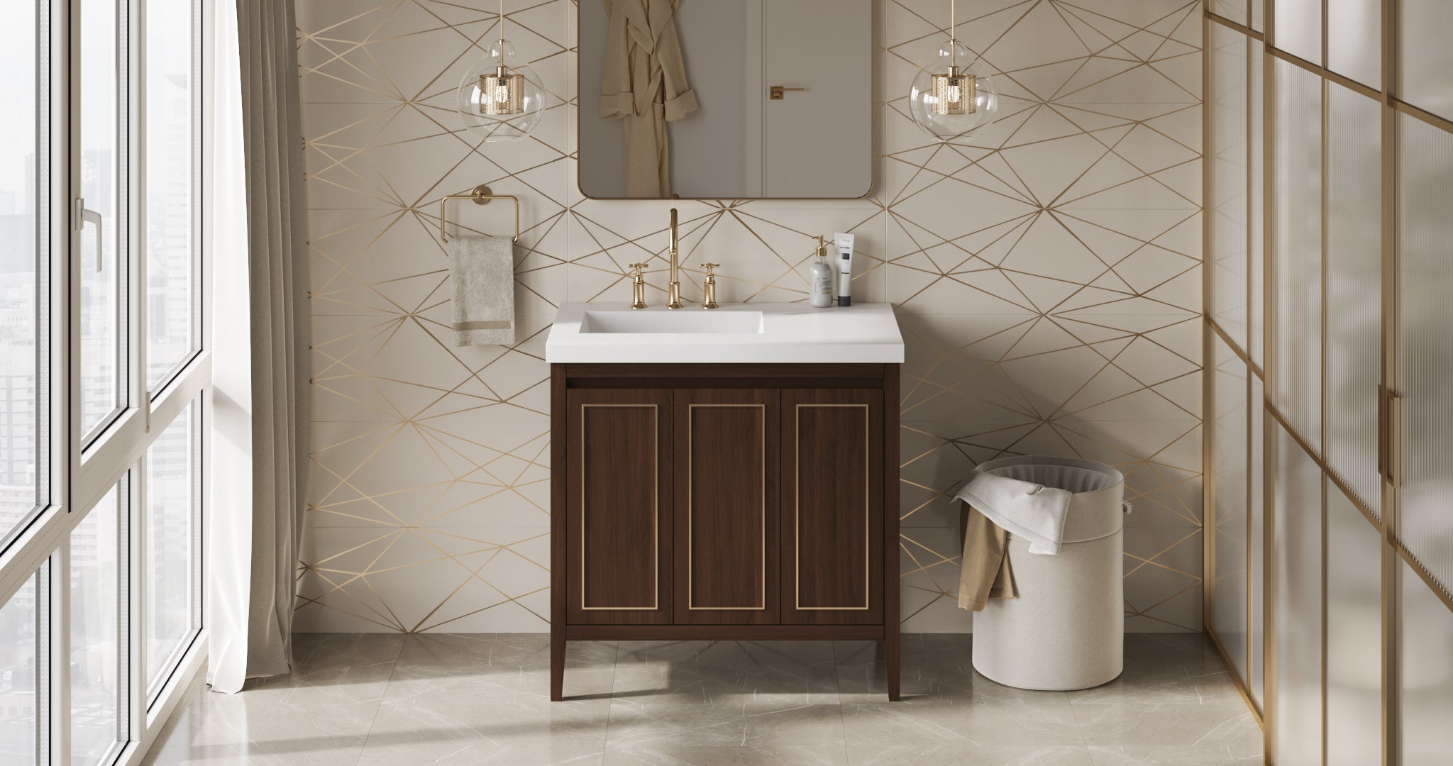 Percival 36" Single Bathroom Vanity Set Dark Walnut, White Resin Vanity Top, Rectangle Bowl | KitchBath