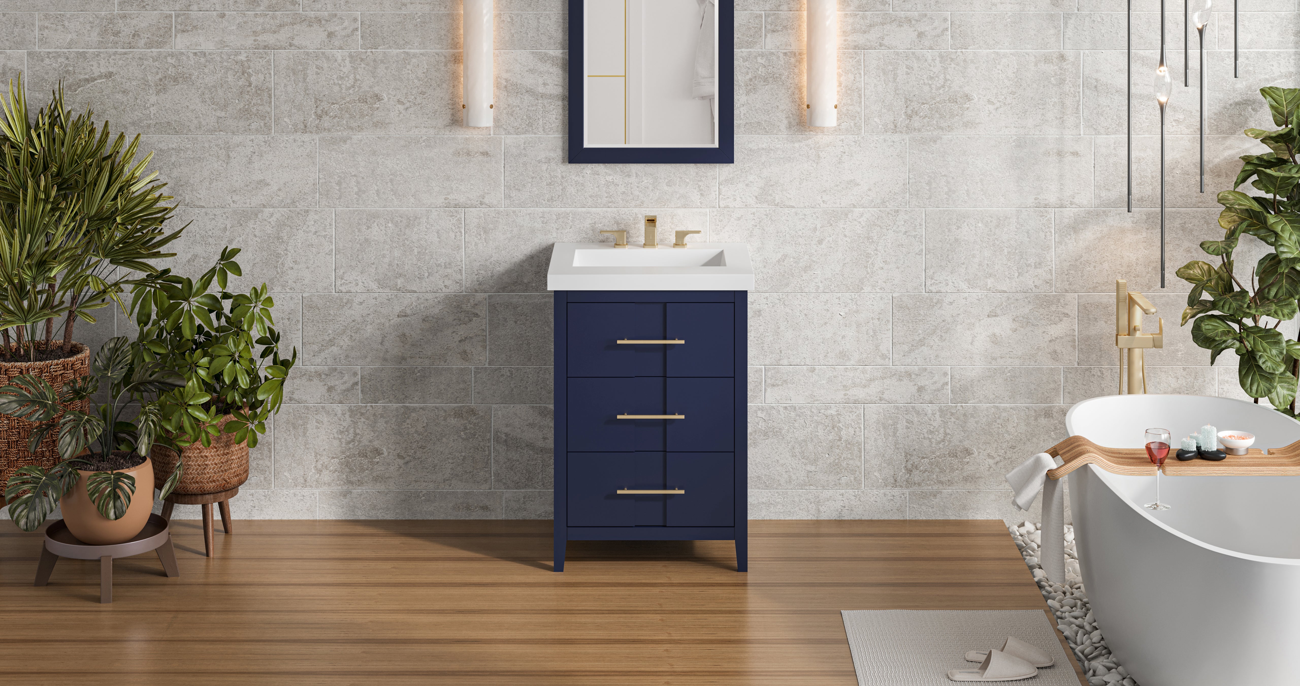 Katara 24" Single Bathroom Vanity Set Hale Blue, White Resin Vanity Top, Rectangle Bowl | KitchBath