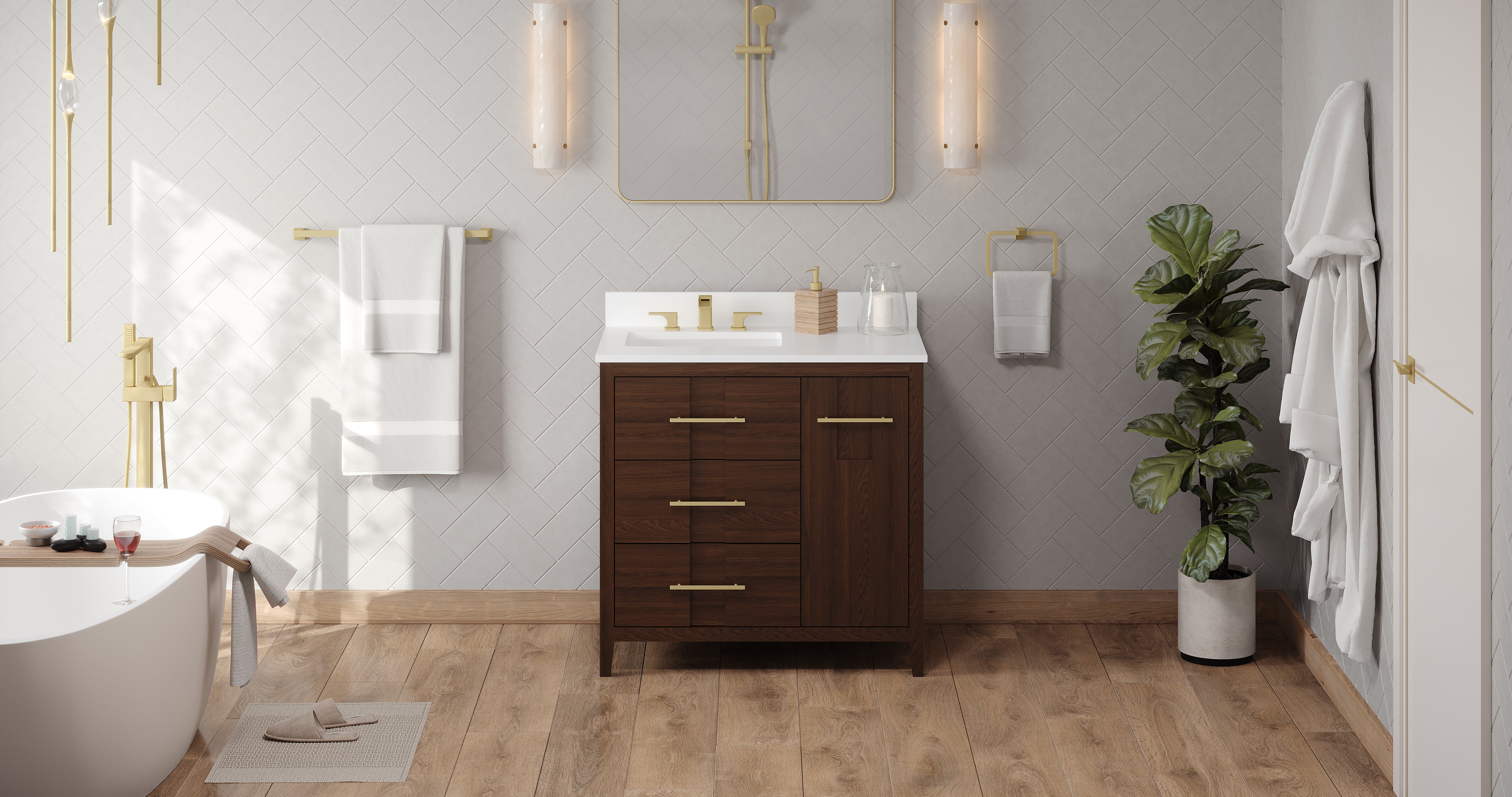 Katara 36" Single Bathroom Vanity Set Dark Walnut, White Quartz Vanity Top, Rectangle Bowl | KitchBath