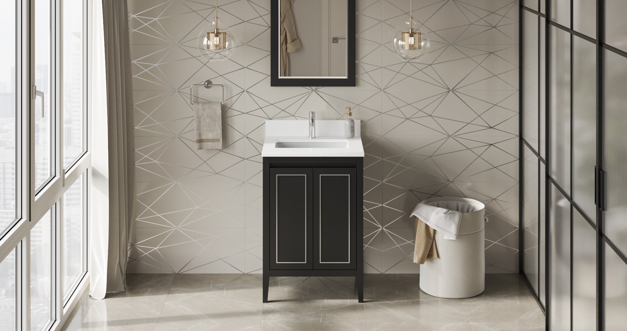 Percival 24" Black Percival Vanity, White Quartz Vanity Top, Undermount Rectangle Sink | KitchBath