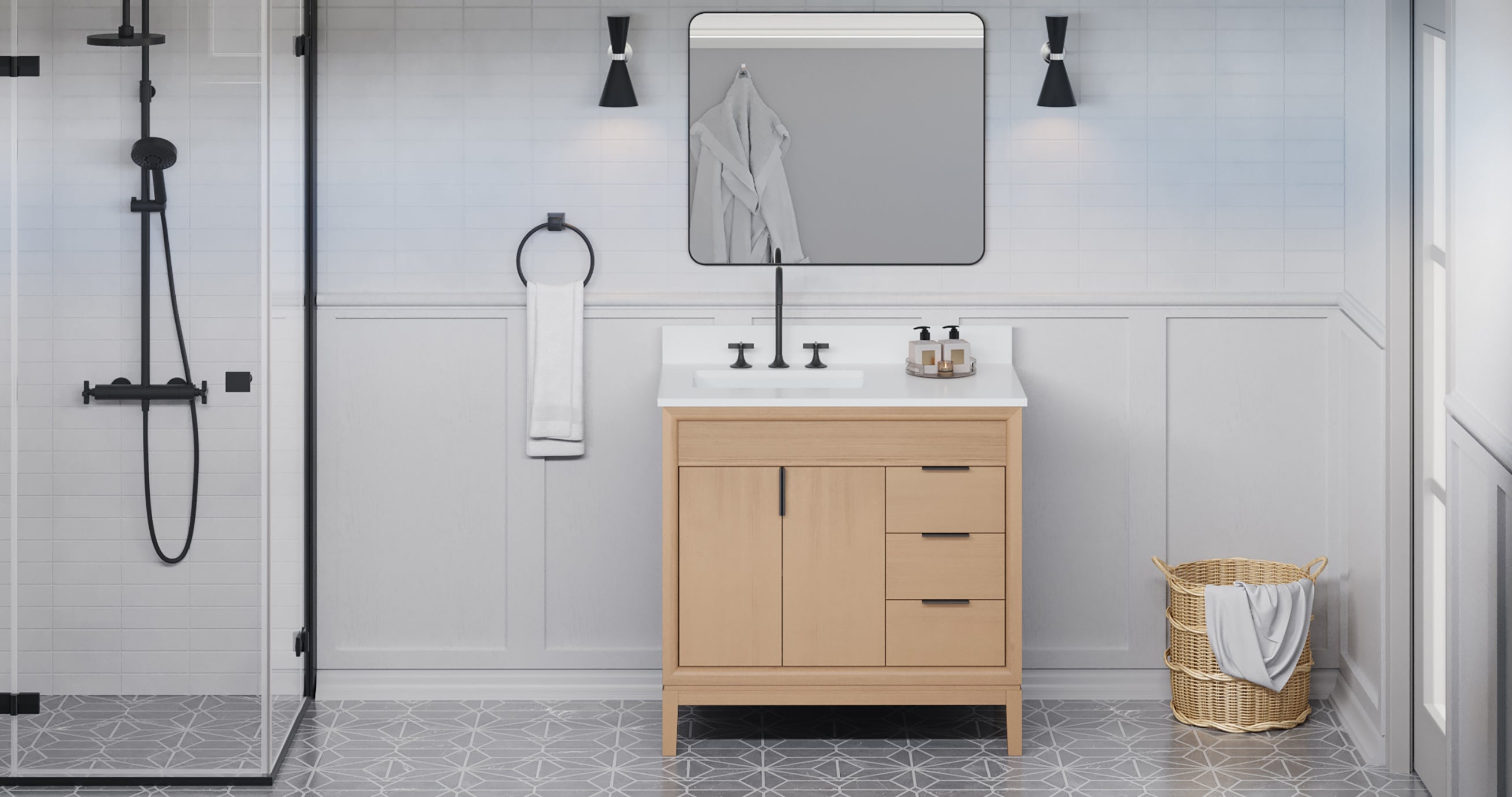 Theodora 36" Single Bathroom Vanity Set Natural Oak, White Quartz Vanity Top, Rectangle Bowl | KitchBath