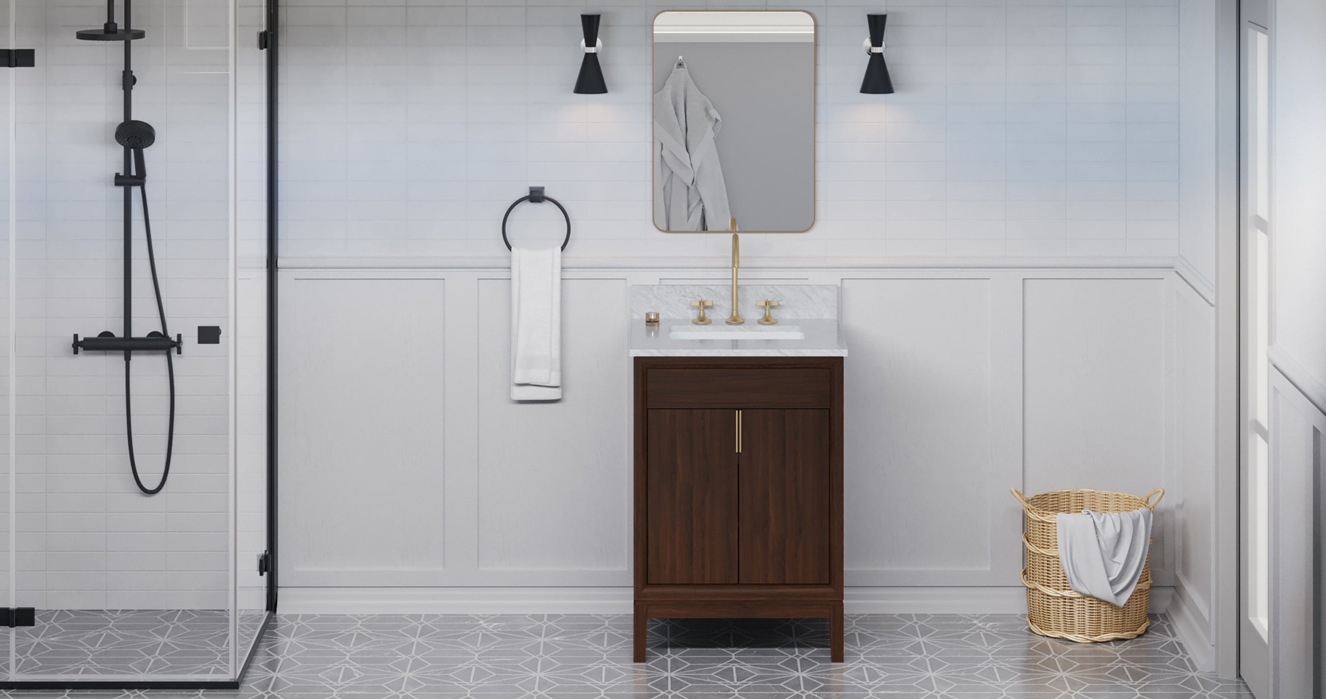 Theodora 24" Single Bathroom Vanity Set Dark Walnut, White Carrara Marble Vanity Top, Rectangle Bowl | KitchBath