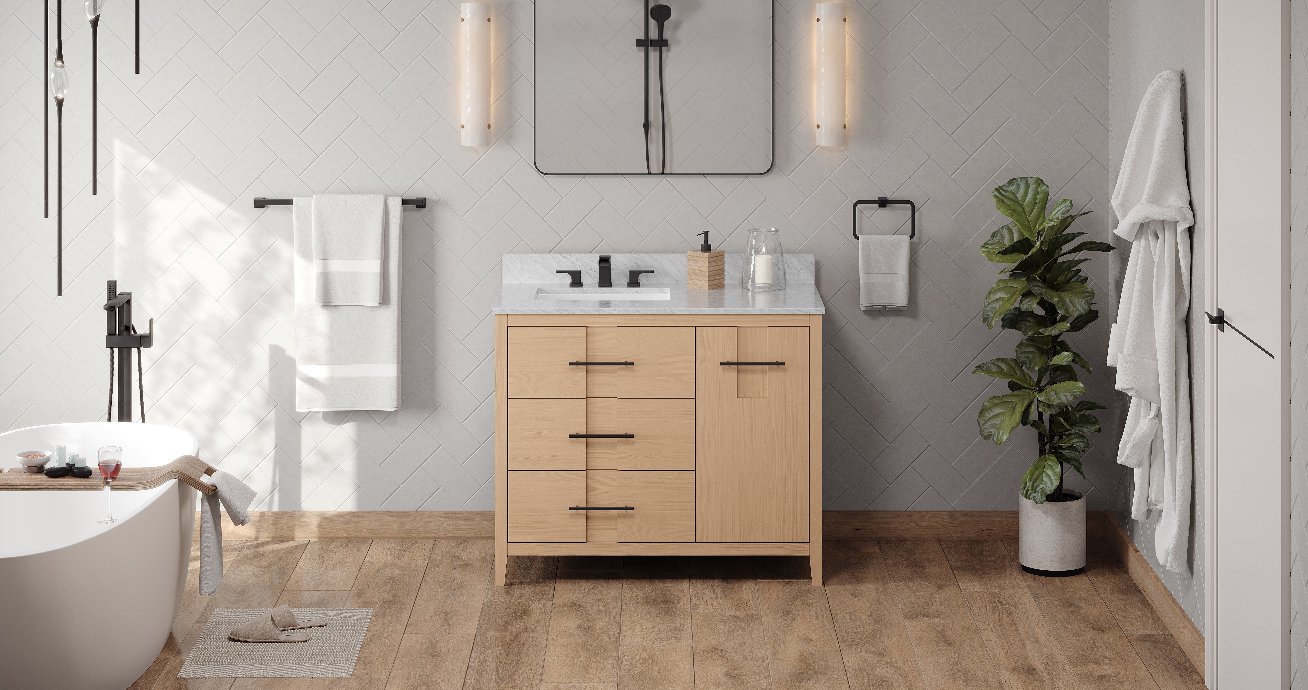 Katara 42" Single Bathroom Vanity Set Natural Oak, White Carrara Marble Vanity Top, Rectangle Bowl | KitchBath