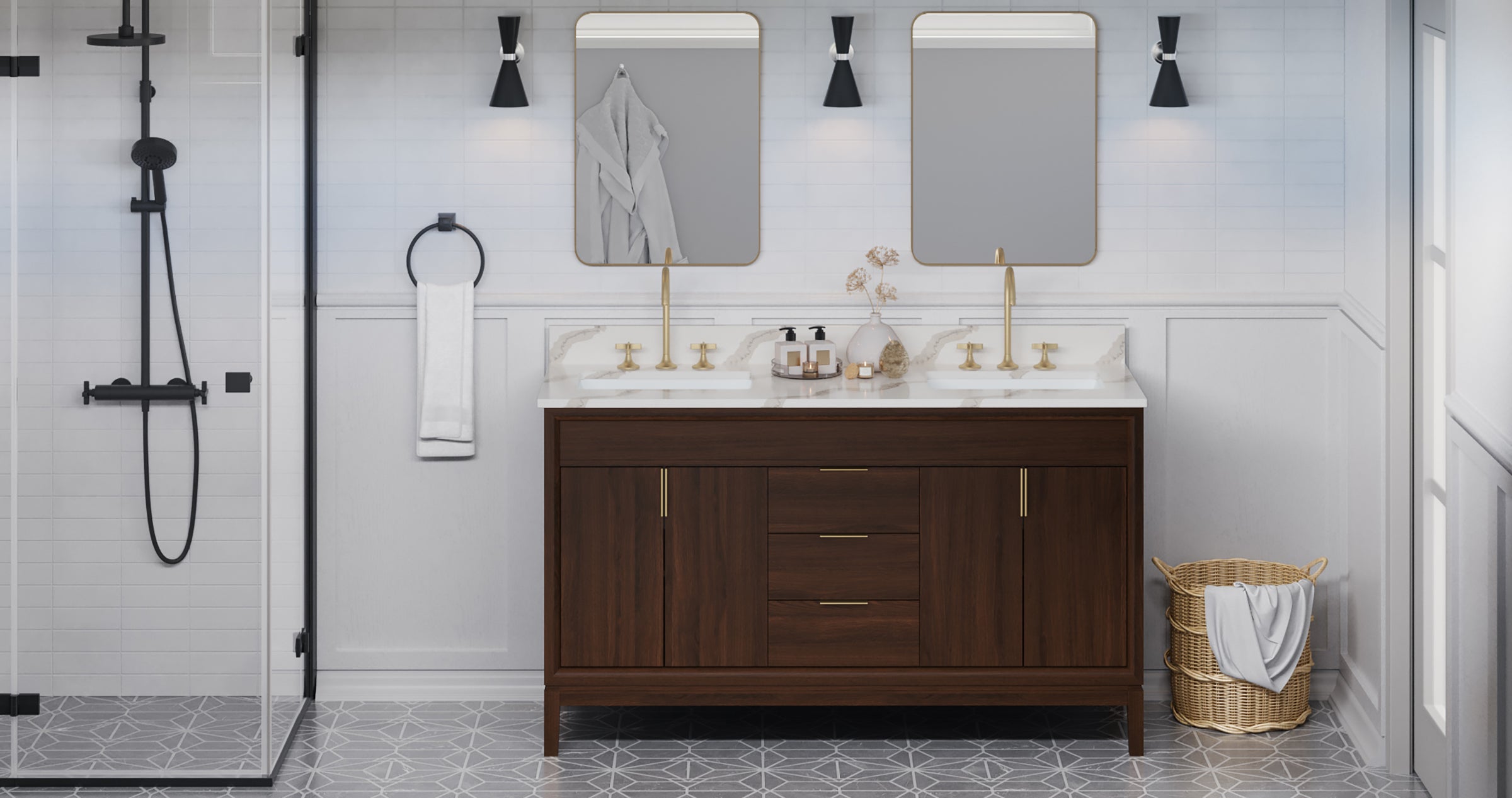 Theodora 60" Double Bathroom Vanity Set Dark Walnut, Calacatta Vienna Quartz Vanity Top, Rectangle Bowl | KitchBath