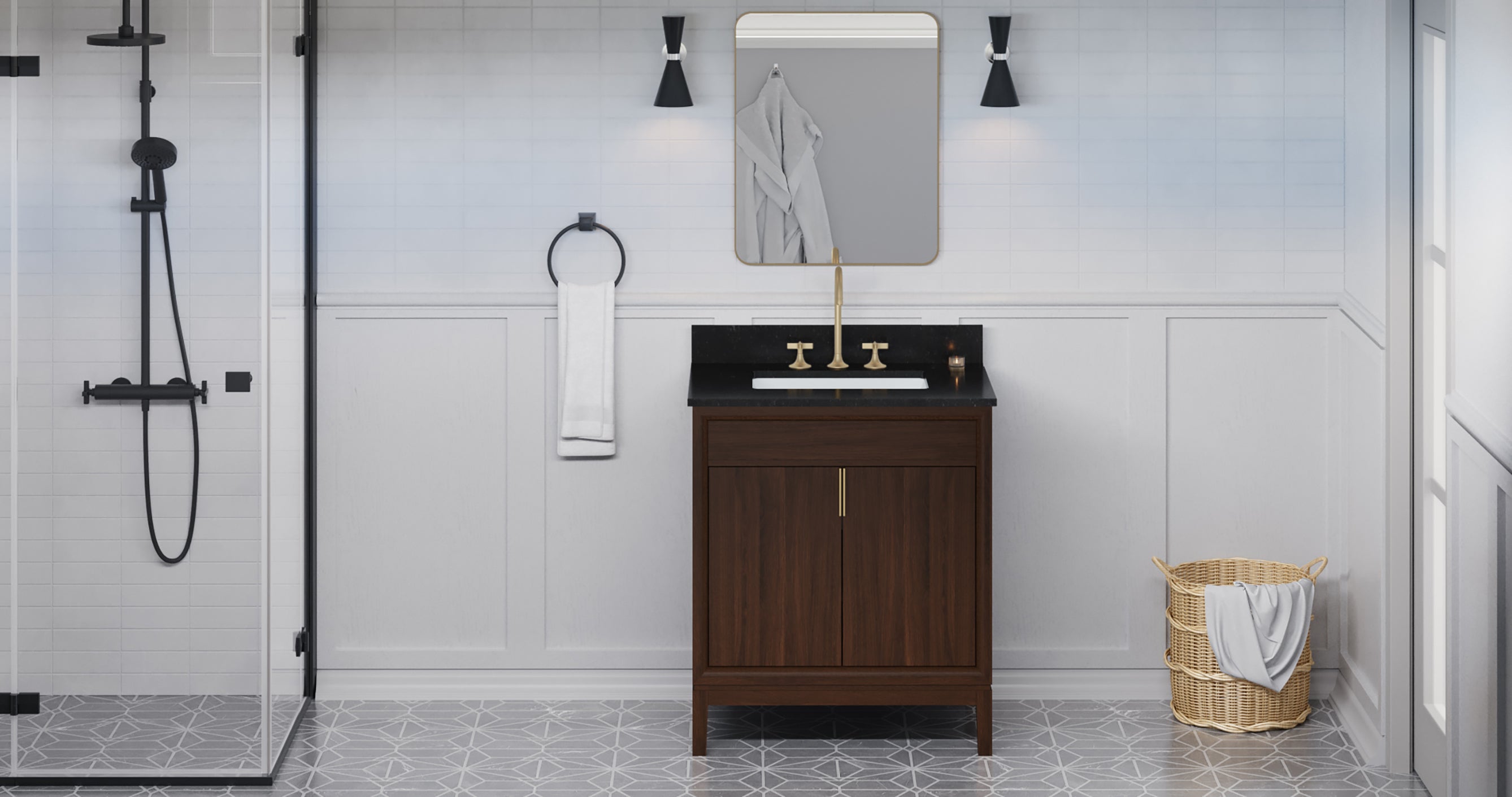 Theodora 30" Single Bathroom Vanity Set Dark Walnut, Black Granite Vanity Top, Rectangle Bowl | KitchBath