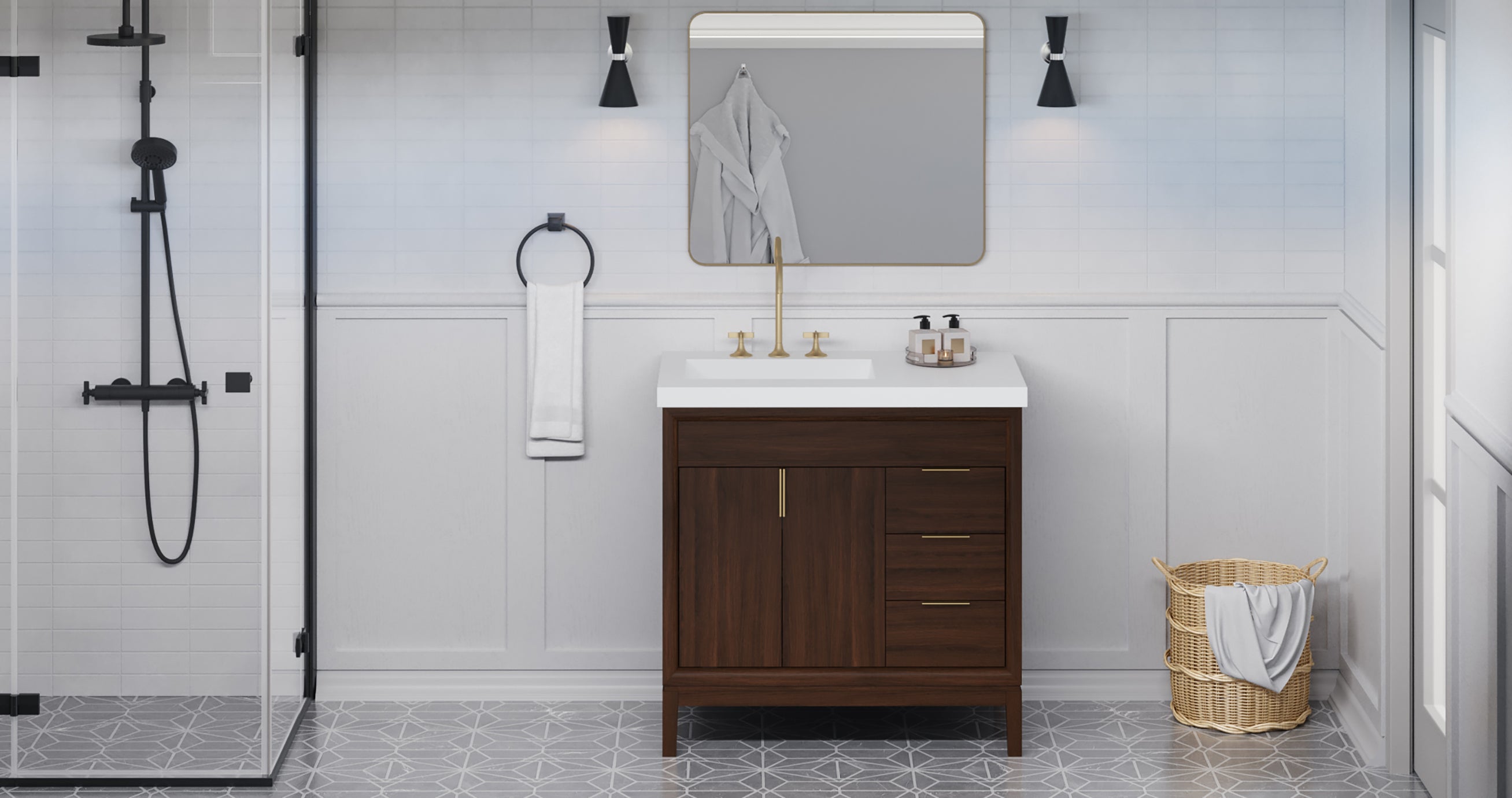 Theodora 36" Single Bathroom Vanity Set Dark Walnut, White Resin Vanity Top, Rectangle Bowl | KitchBath