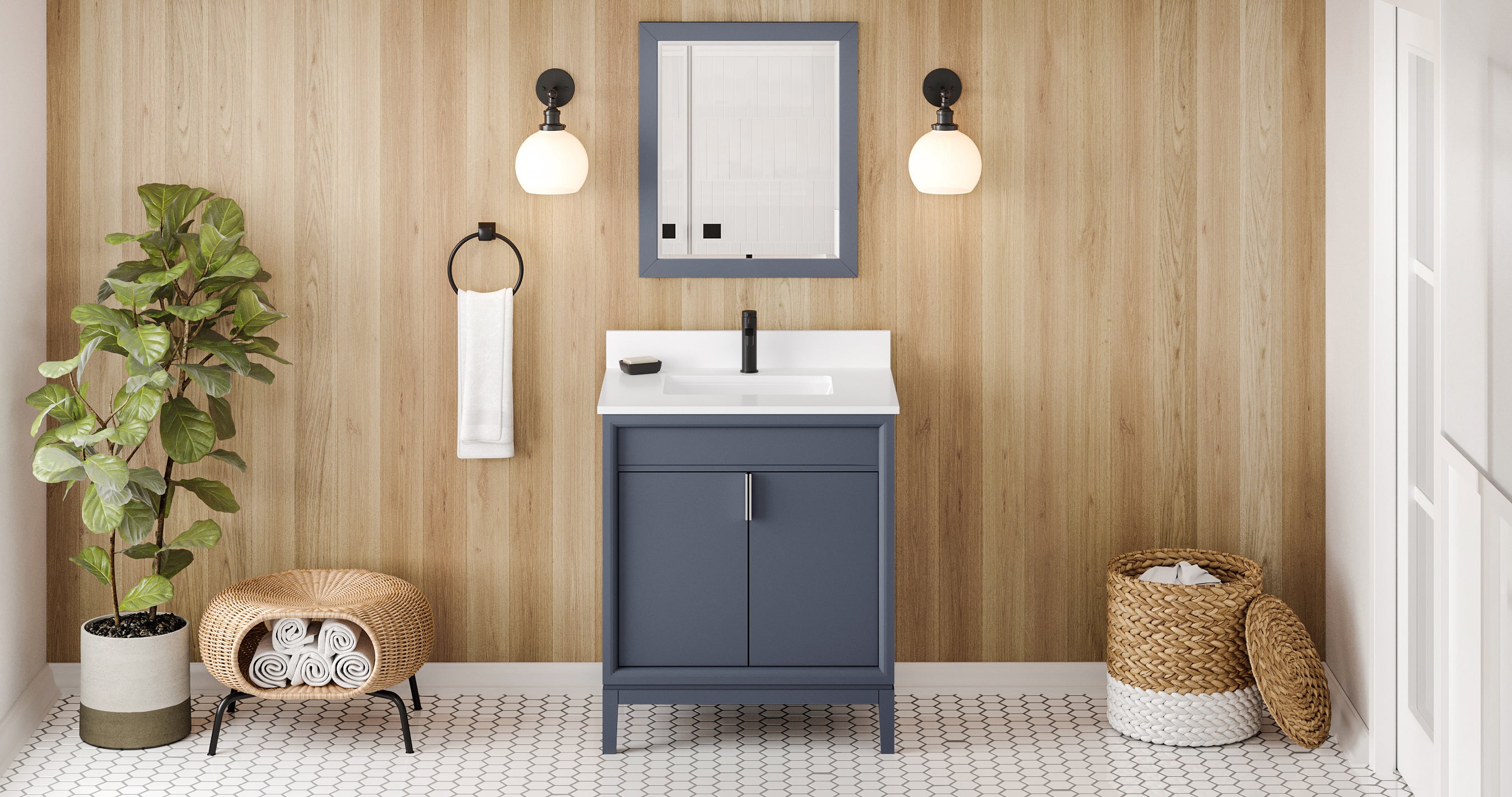 Theodora 30" Blue Steel Theodora Vanity, White Quartz Vanity Top, Undermount Rectangle Bowl | KitchBath