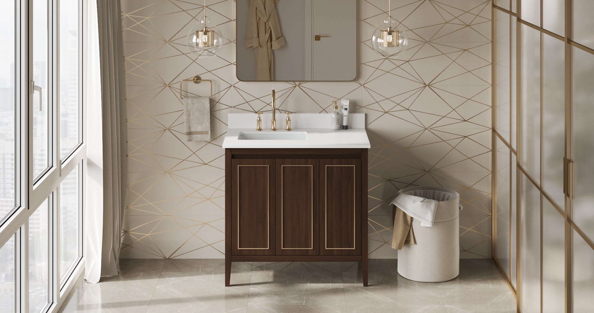 Percival 36" Single Bathroom Vanity Set Dark Walnut, White Quartz Vanity Top, Rectangle Bowl | KitchBath