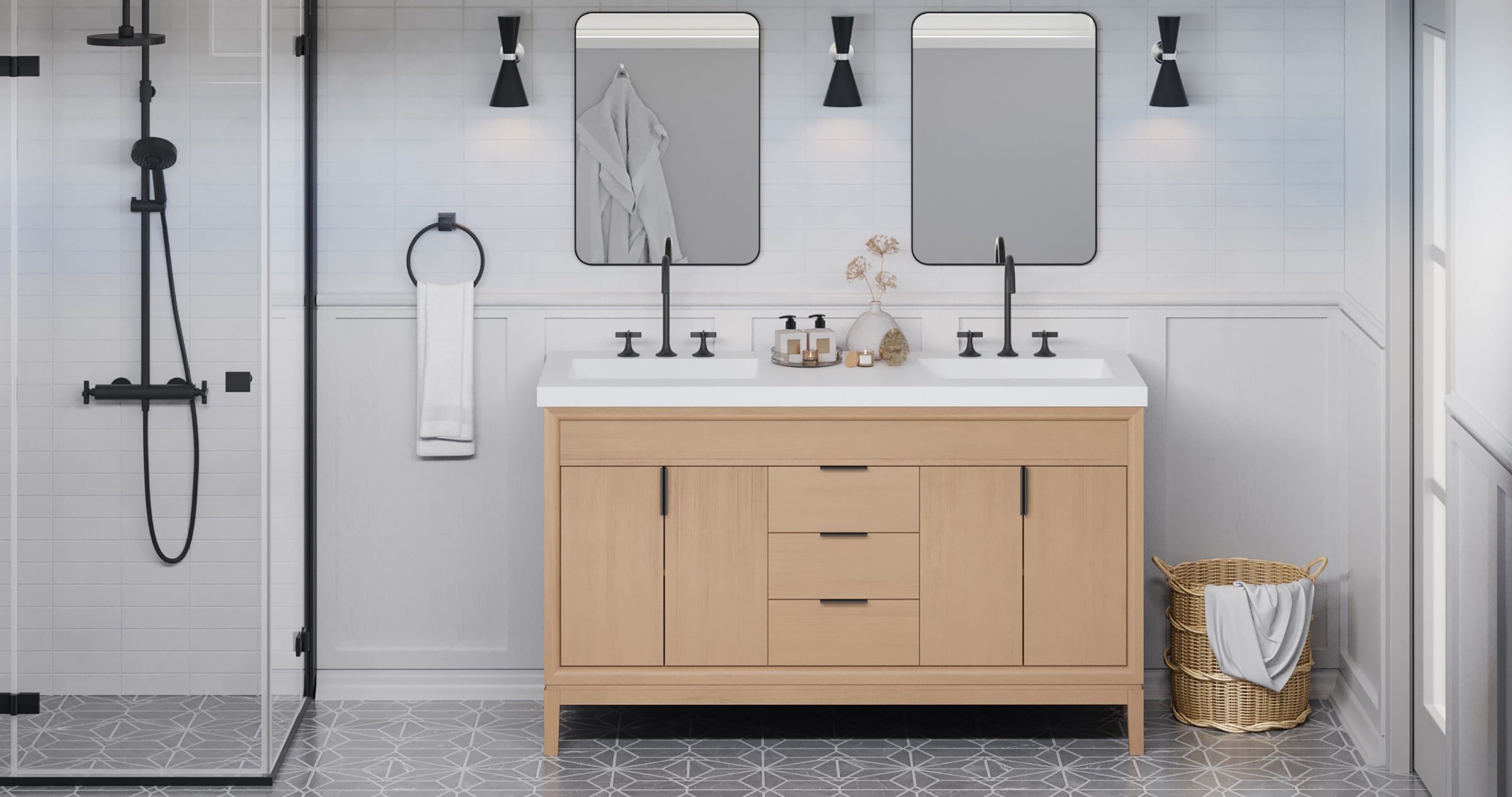 Theodora 60" Double Bathroom Vanity Set Natural Oak, White Resin Vanity Top, Rectangle Bowl | KitchBath