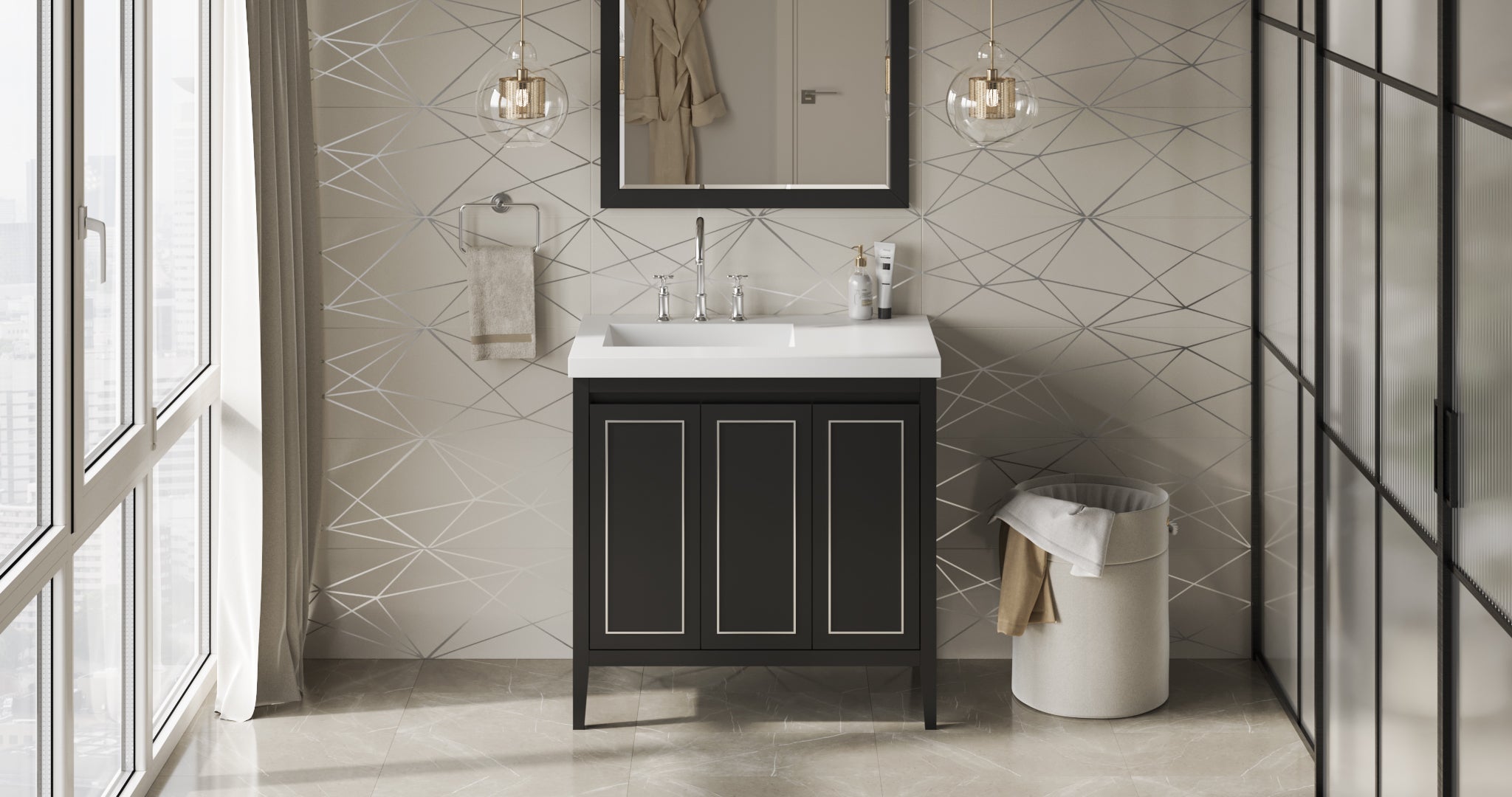Percival 36" Single Bathroom Vanity Set Black, White Resin Vanity Top, Rectangle Bowl | KitchBath