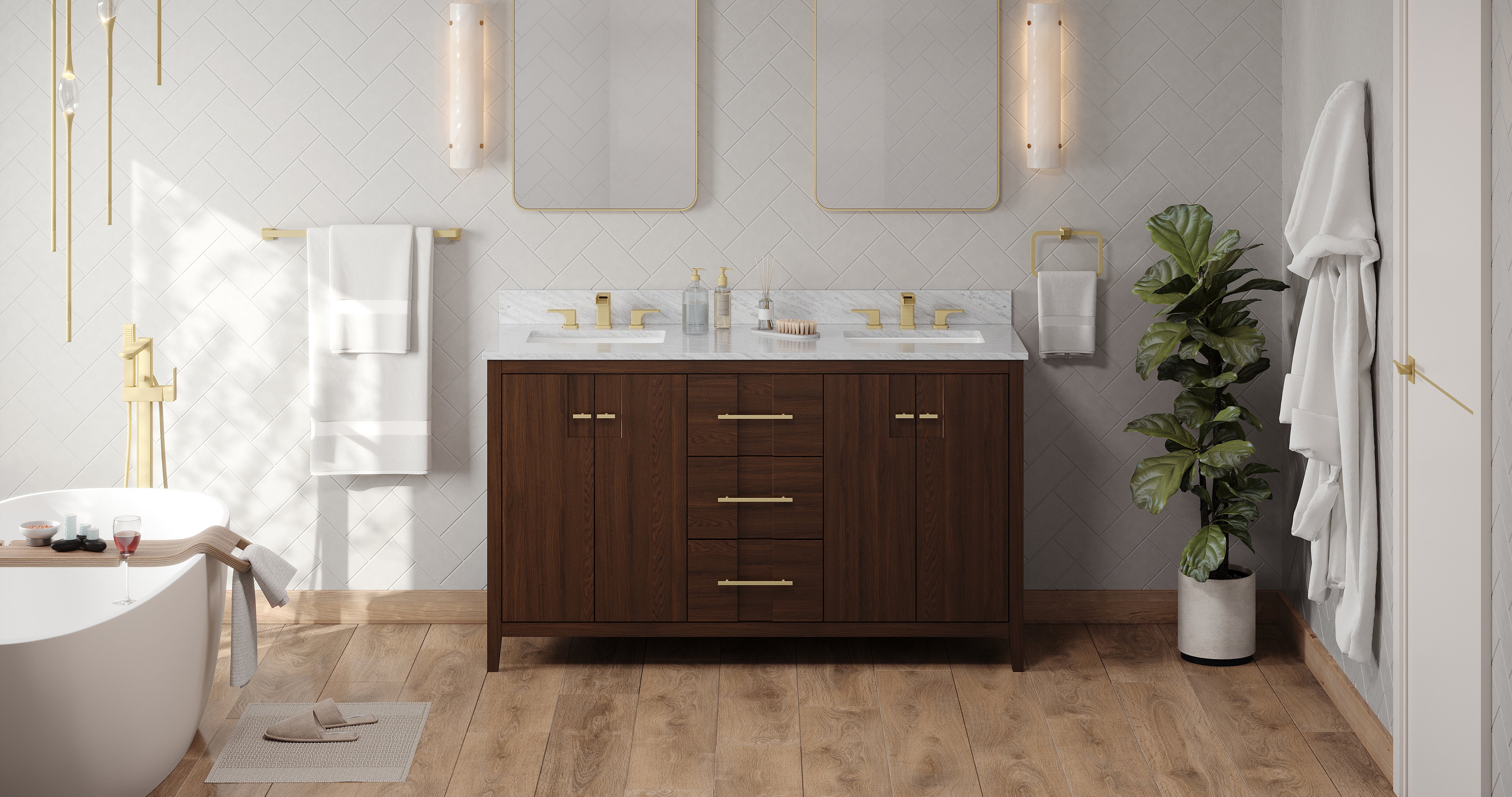 Katara 60" Double Bathroom Vanity Set Dark Walnut, White Carrara Marble Vanity Top, Rectangle Bowl | KitchBath