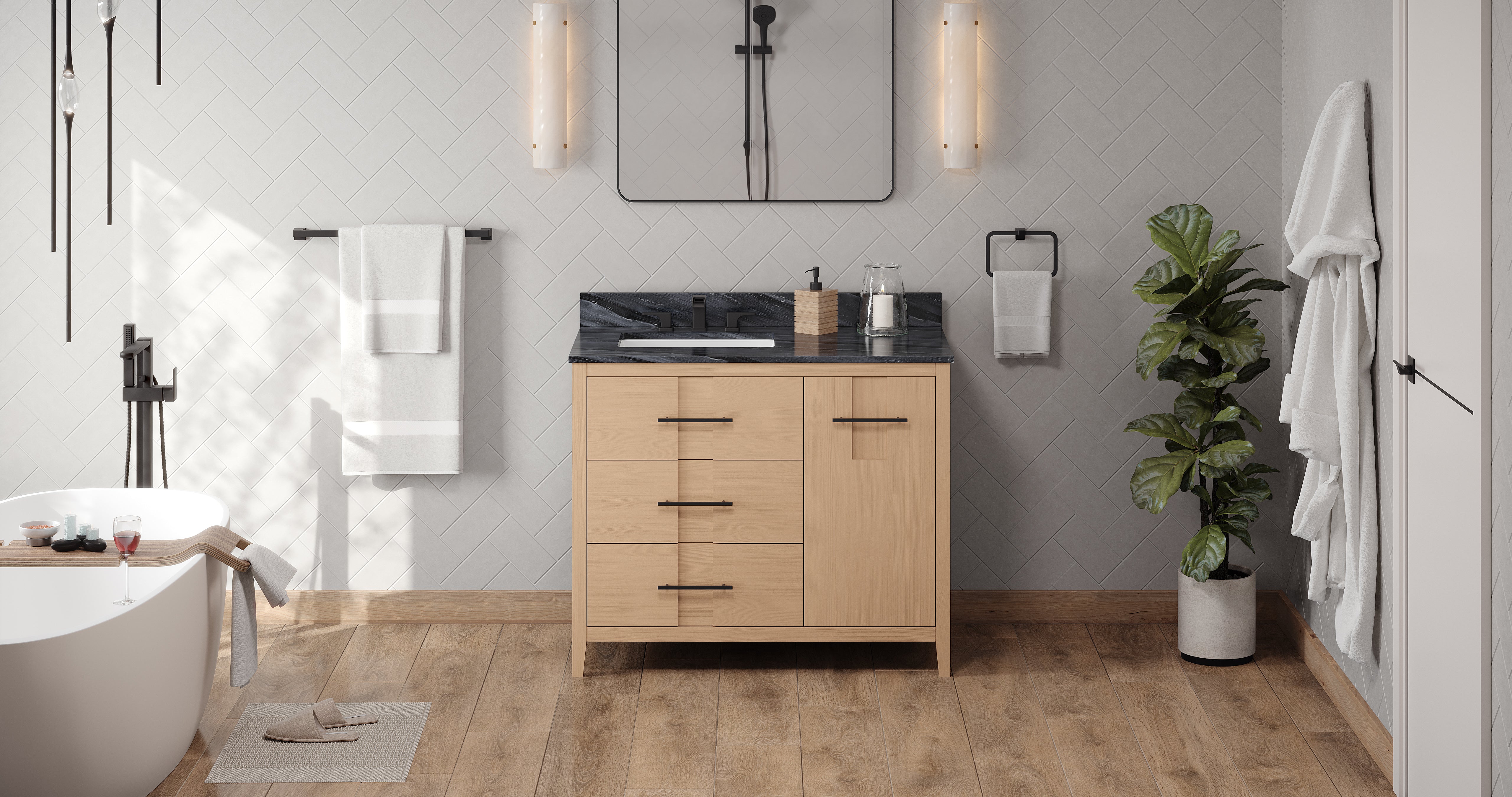 Katara 42" Single Bathroom Vanity Set Natural Oak, Grey Marble Vanity Top, Rectangle Bowl | KitchBath