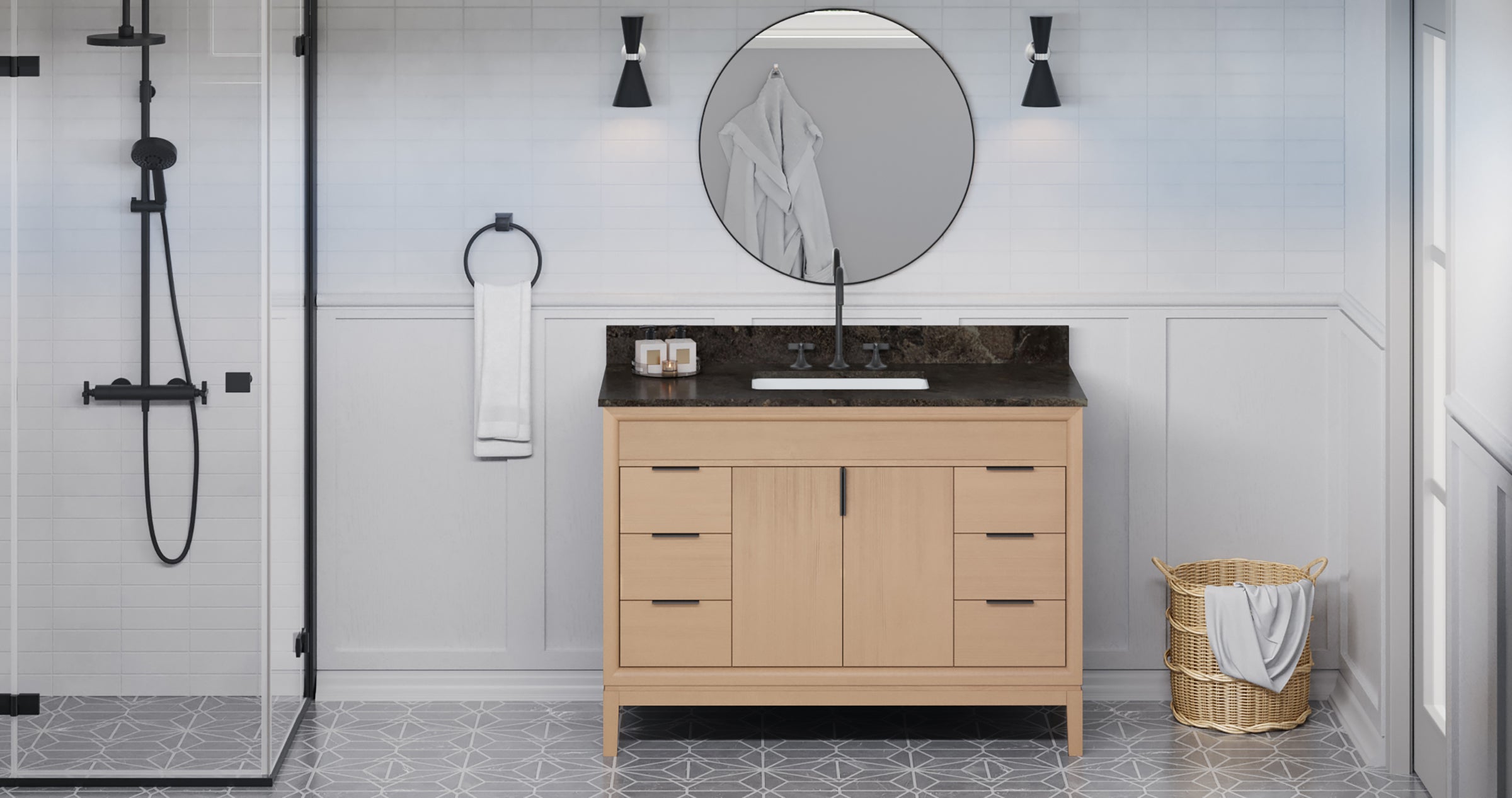 Theodora 48" Single Bathroom Vanity Set Natural Oak, Blue Limestone Vanity Top, Rectangle Bowl | KitchBath