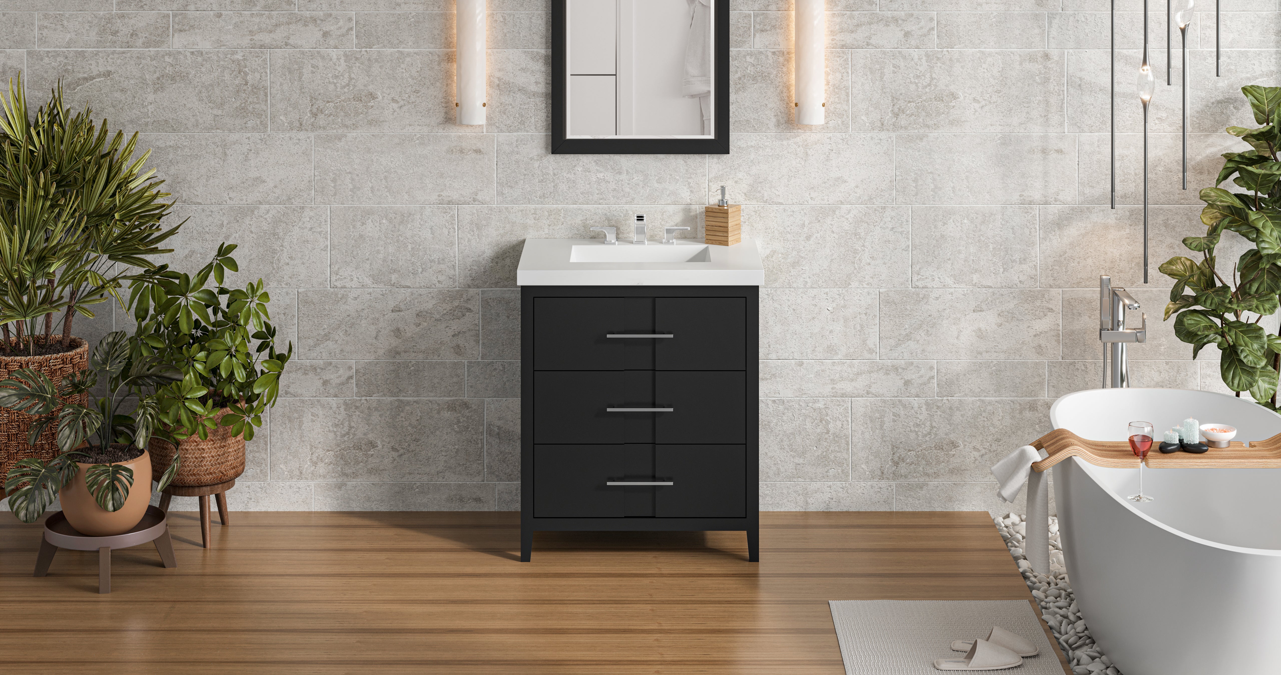Katara 30" Single Bathroom Vanity Set Black, White Resin Vanity Top, Rectangle Bowl | KitchBath