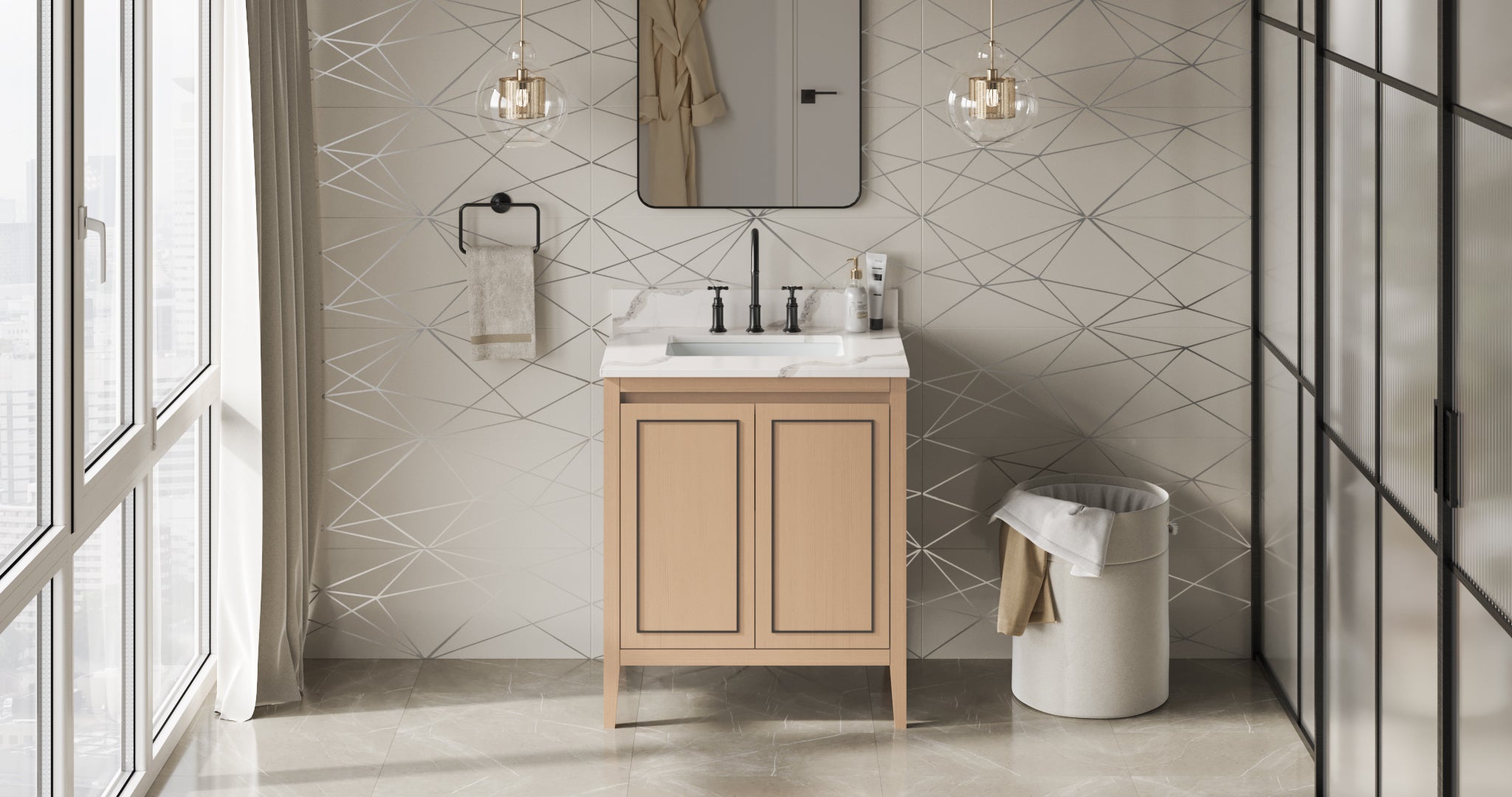 Percival 30" Single Bathroom Vanity Set Natural Oak, Calacatta Vienna Quartz Vanity Top, Rectangle Bowl | KitchBath