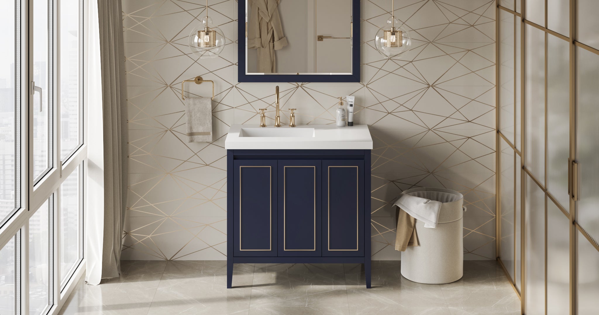 Percival 36" Single Bathroom Vanity Set Hale Blue, White Resin Vanity Top, Rectangle Bowl | KitchBath