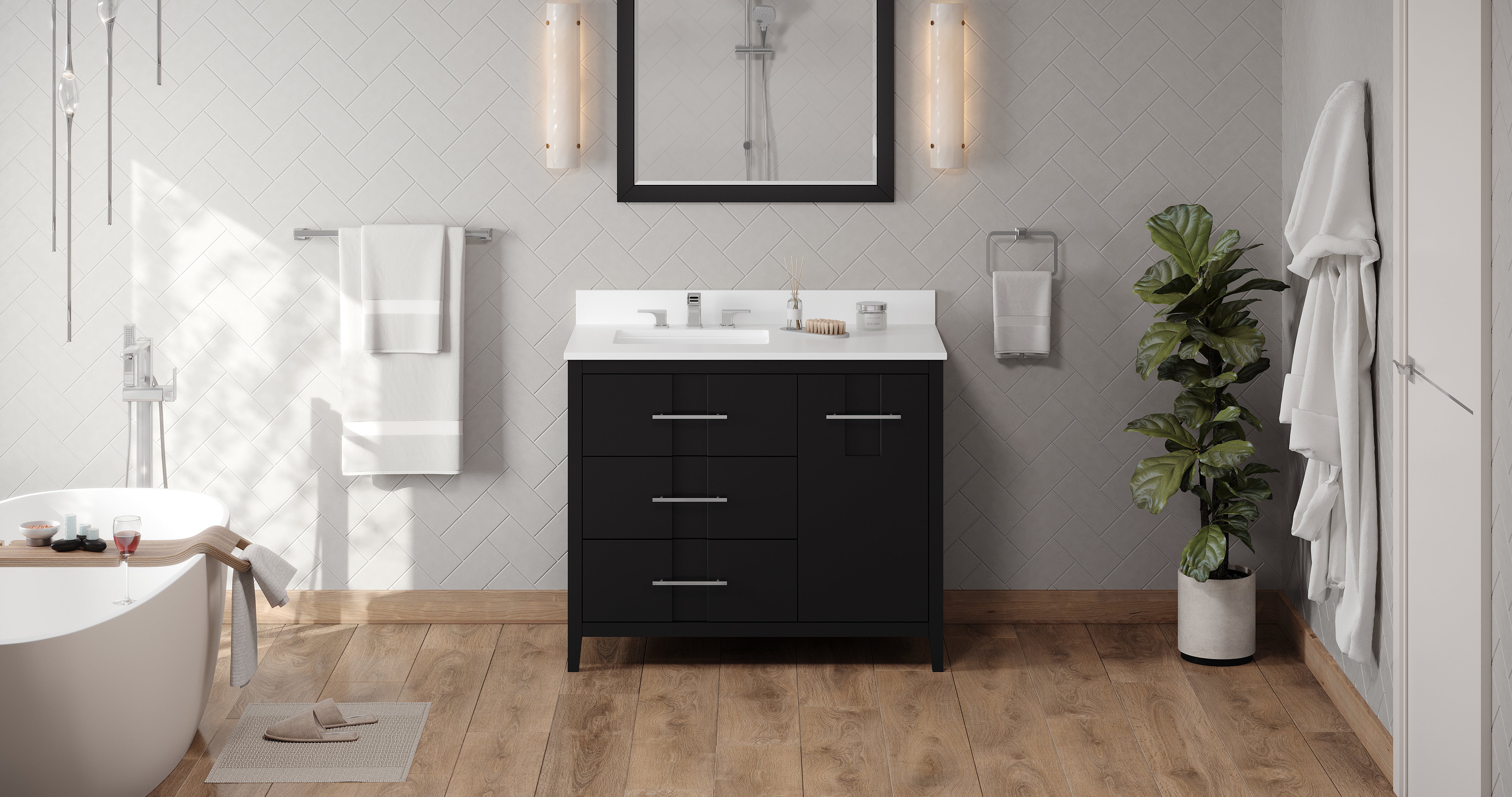 Katara 42" Black Katara Vanity, Left Offset, White Quartz Vanity Top, Undermount Rectangle Bowl | KitchBath