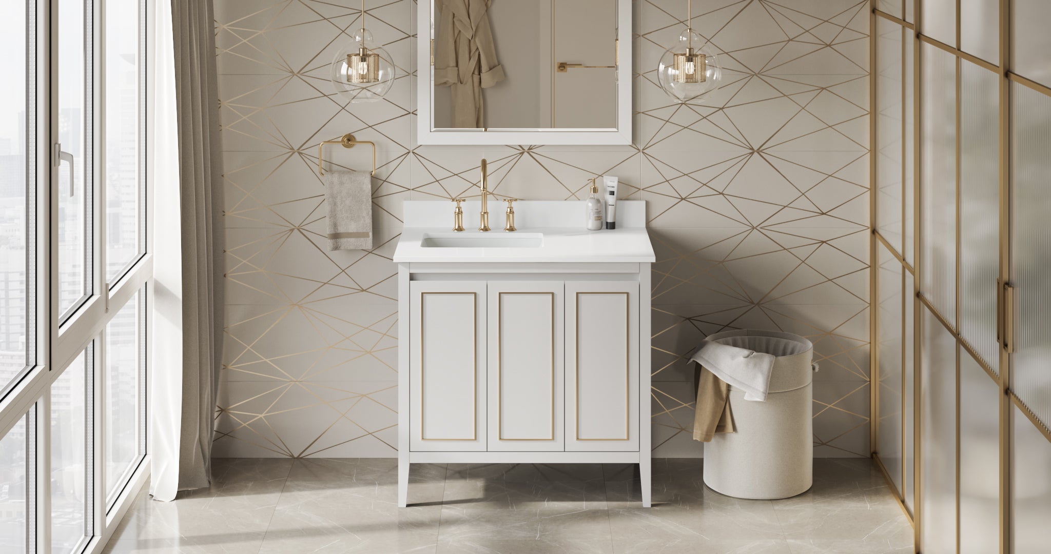 Percival 36" White Percival Vanity, Left Offset, White Quartz Vanity Top, Undermount Rectangle Bowl | KitchBath