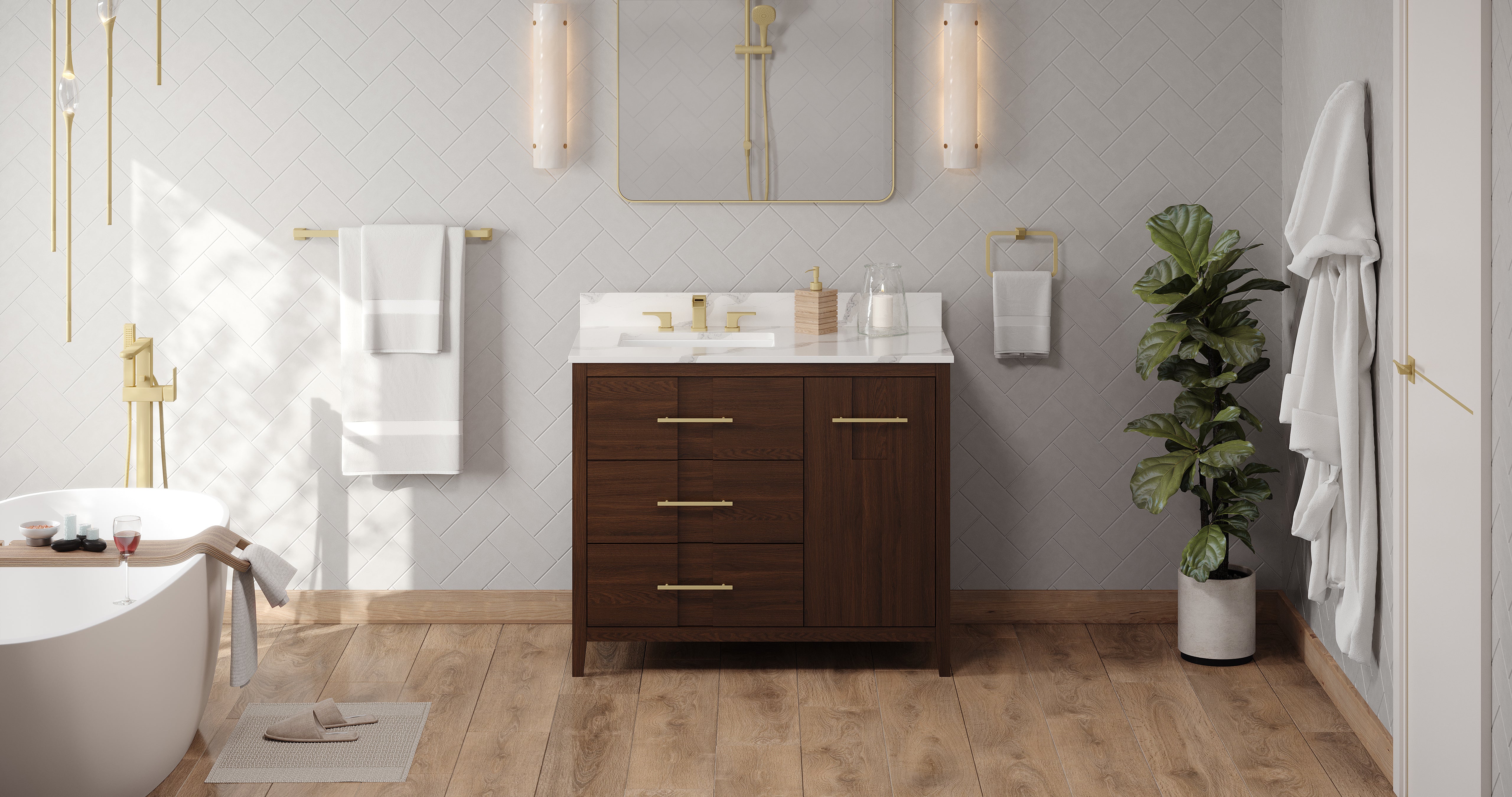 Katara 42" Single Bathroom Vanity Set Dark Walnut, Calacatta Vienna Quartz Vanity Top, Rectangle Bowl | KitchBath