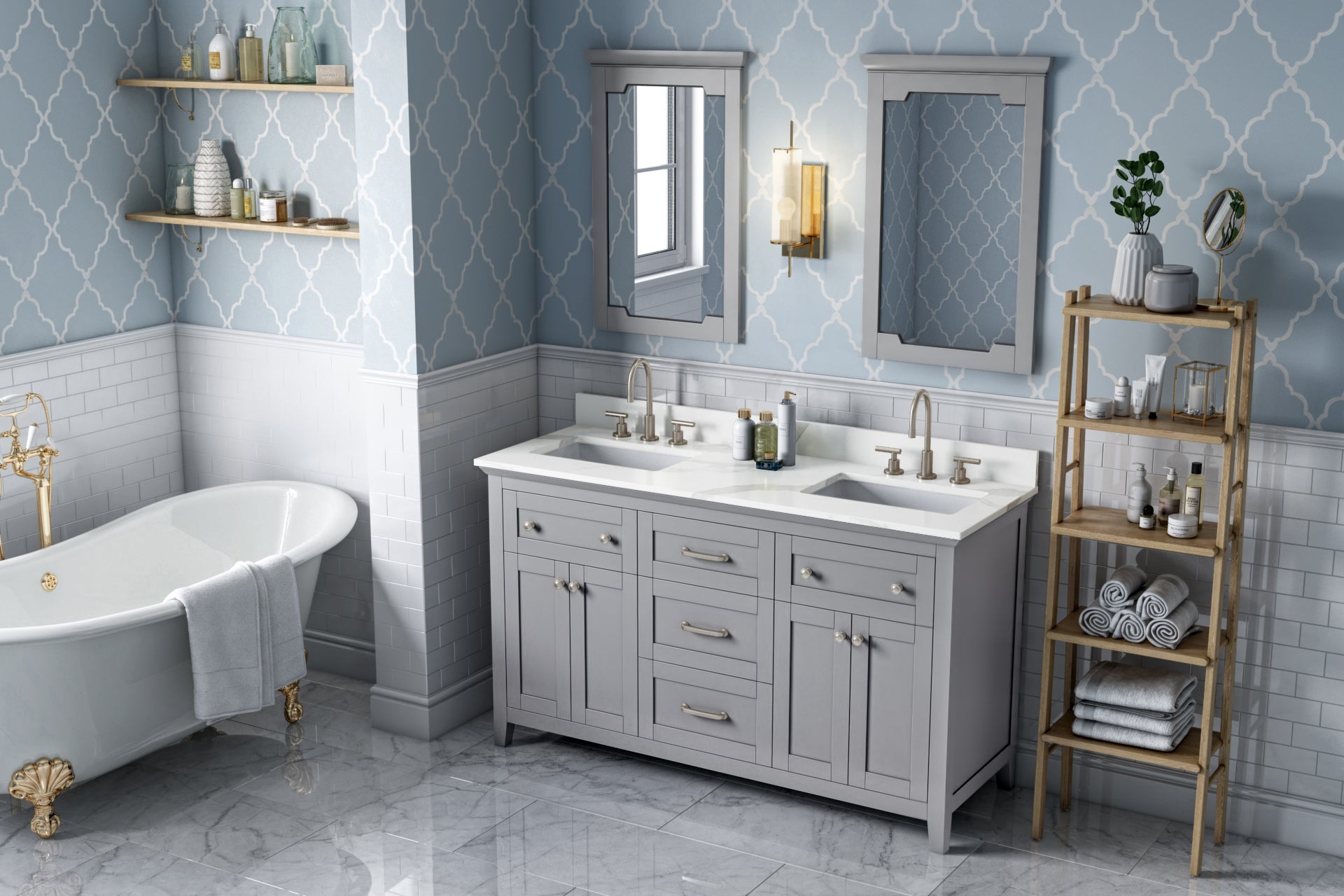 60" Grey Chatham Vanity, double bowl, Calacatta Vienna Quartz Vanity Top, two undermount rectangle bowls | KitchBath