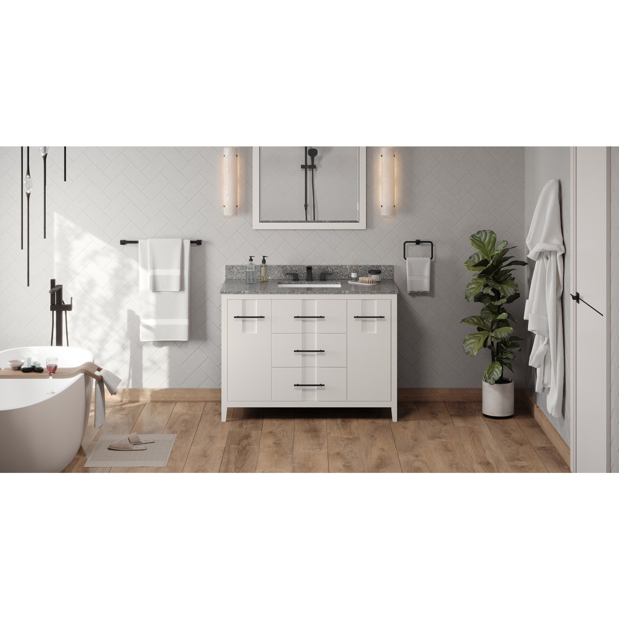 48" White Katara Vanity, Boulder Cultured Marble Vanity Top, undermount rectangle bowl | KitchBath