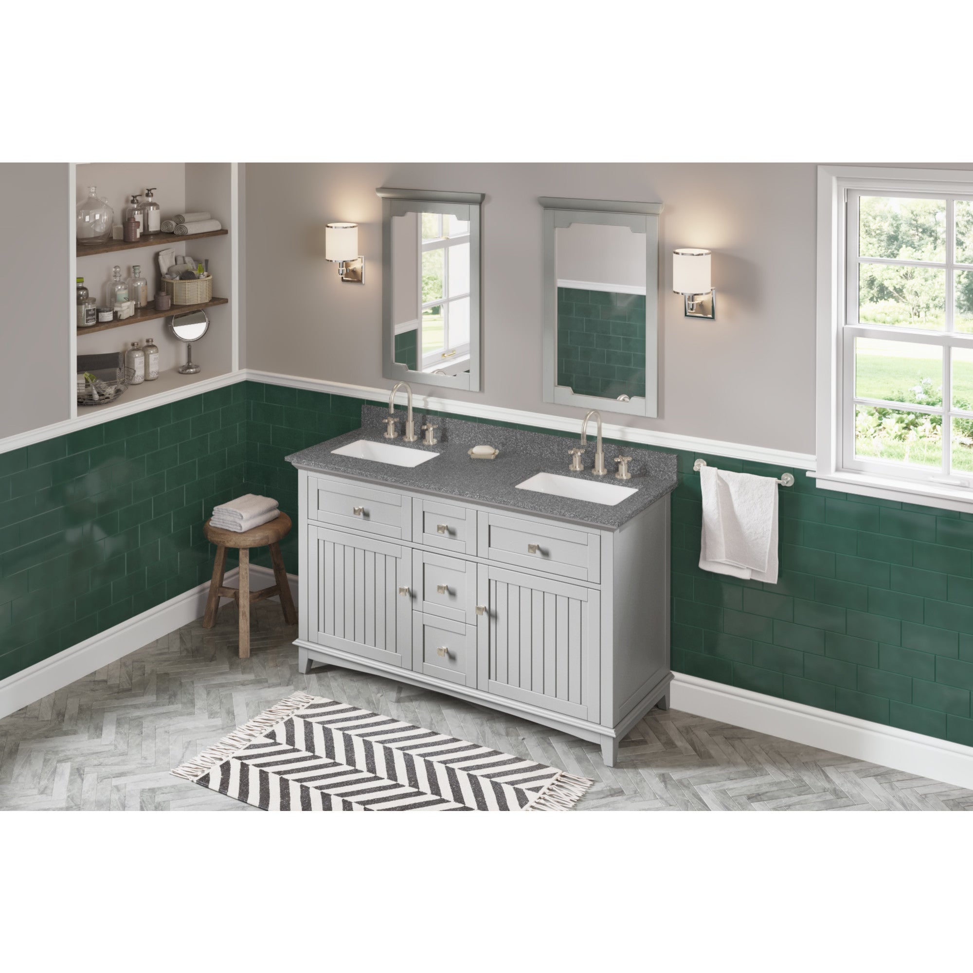 60" Grey Savino Vanity, double bowl, Boulder Cultured Marble Vanity Top, two undermount rectangle bowls | KitchBath