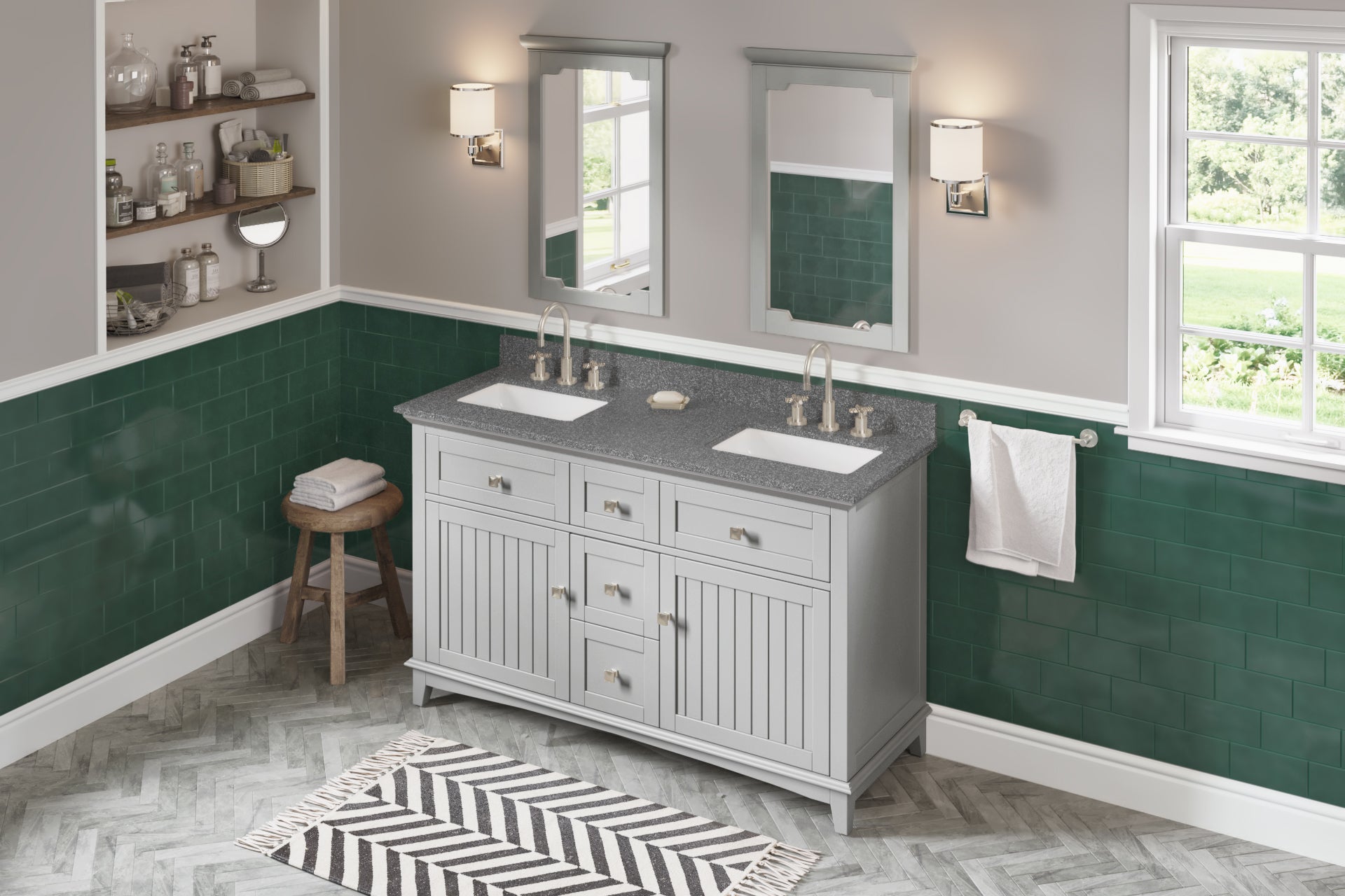 60" Grey Savino Vanity, double bowl, Boulder Cultured Marble Vanity Top, two undermount rectangle bowls | KitchBath