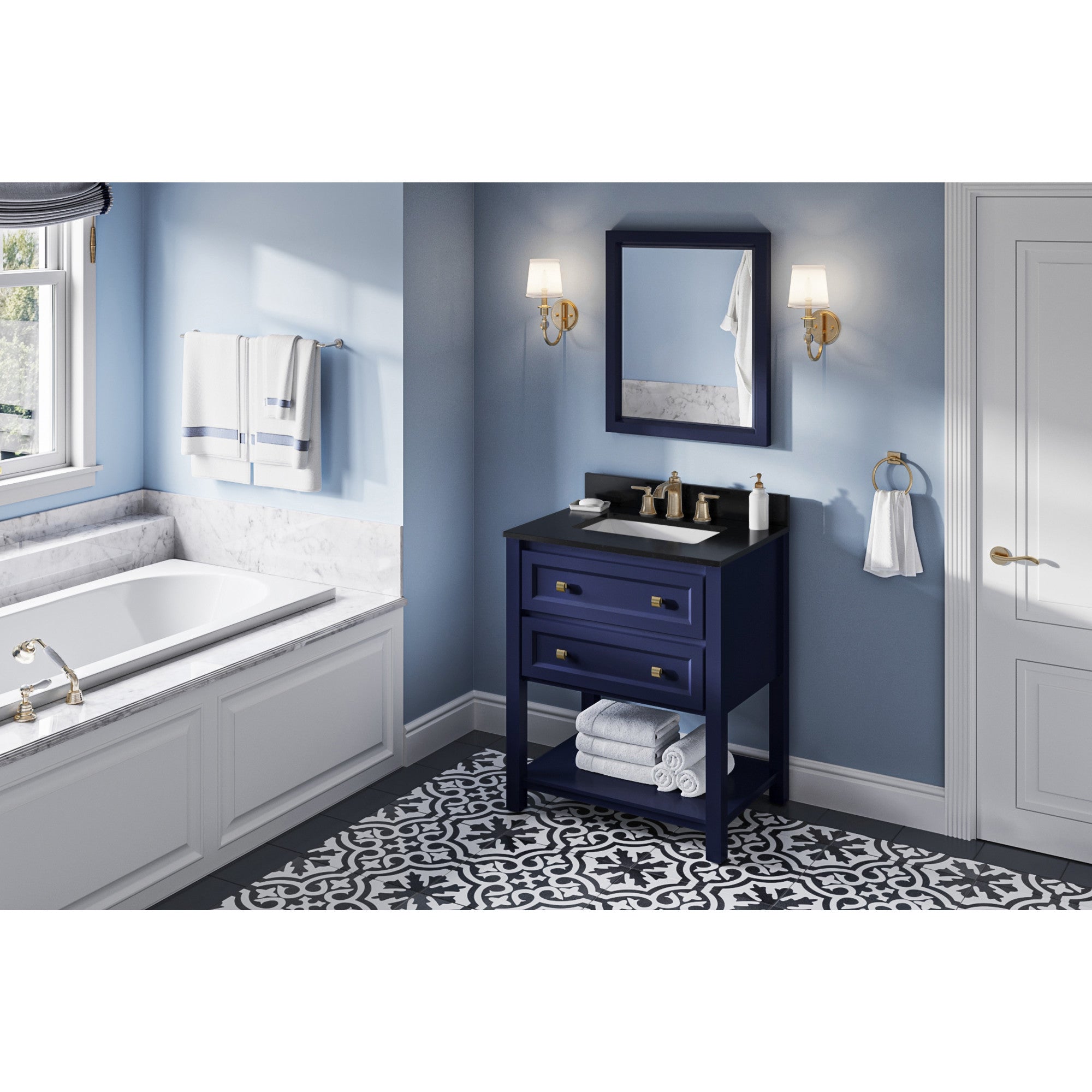 30" Hale Blue Adler Vanity, Black Granite Vanity Top, undermount rectangle bowl | KitchBath