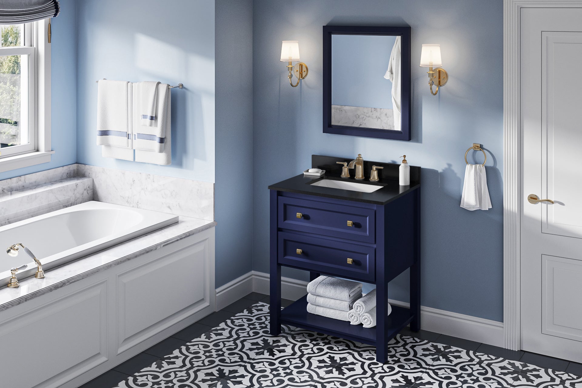30" Hale Blue Adler Vanity, Black Granite Vanity Top, undermount rectangle bowl