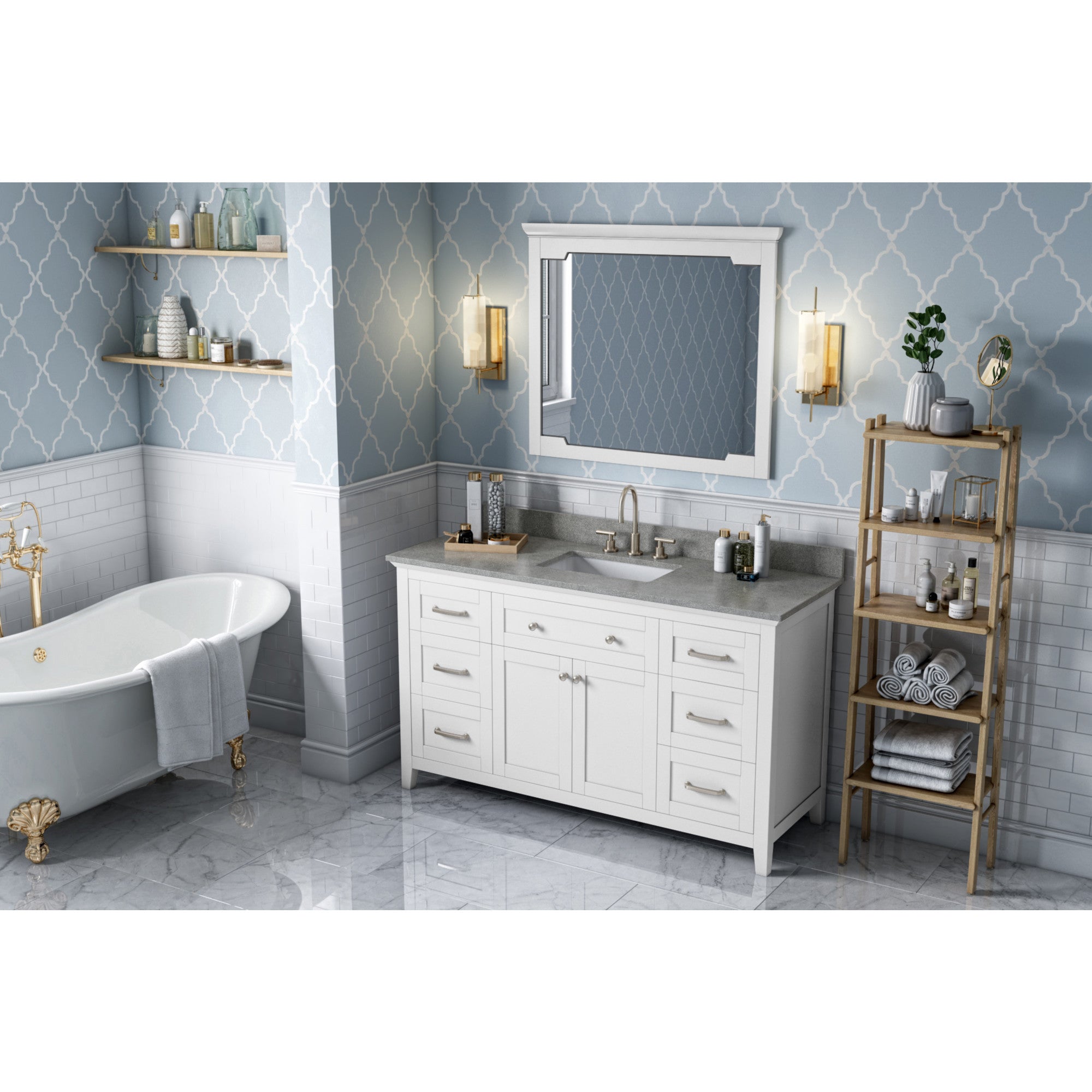 60" White Chatham Vanity, Steel Grey Cultured Marble Vanity Top, undermount rectangle bowl | KitchBath