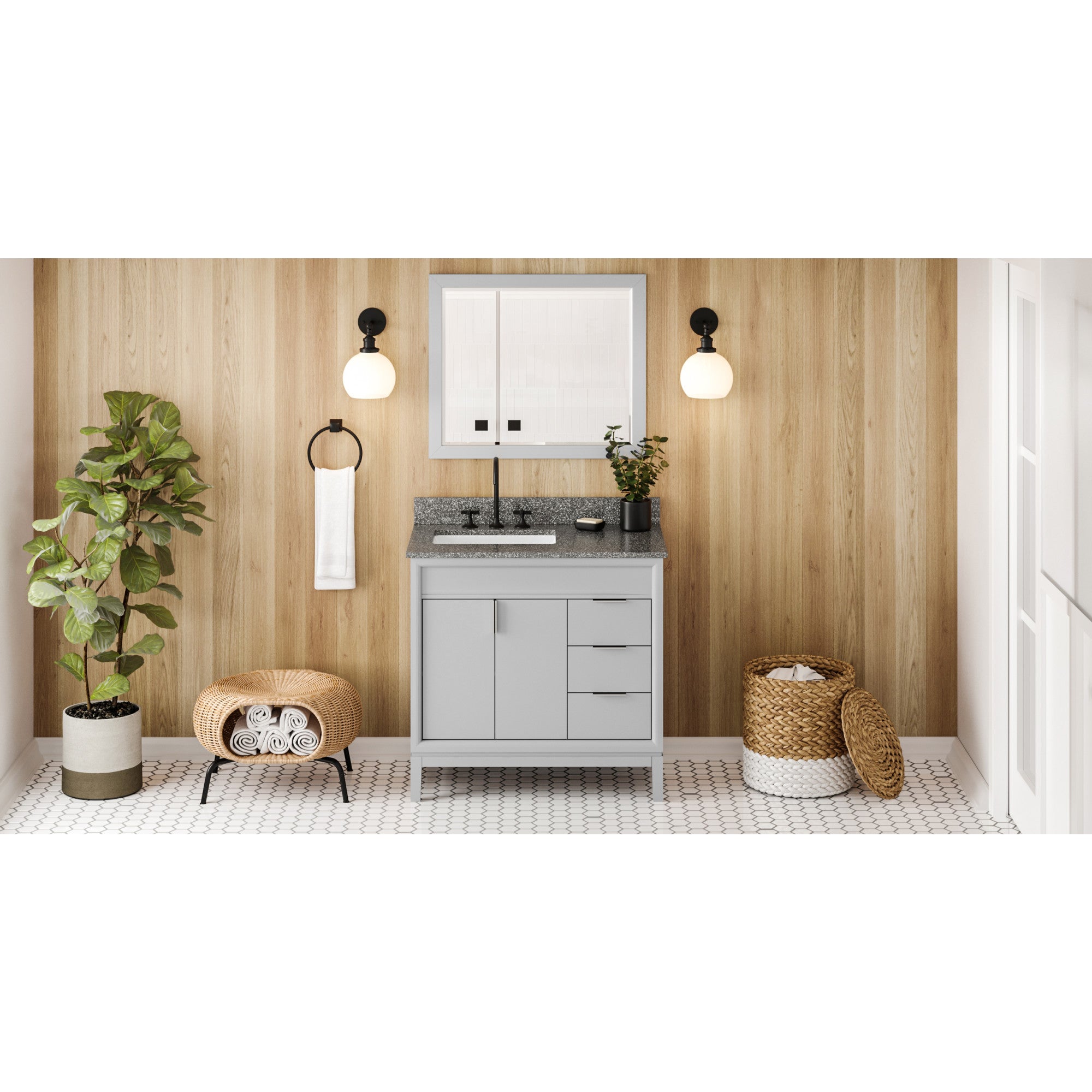 36" Grey Theodora Vanity, left offset, Boulder Vanity Cultured Marble Vanity Top, undermount rectangle bowl | KitchBath