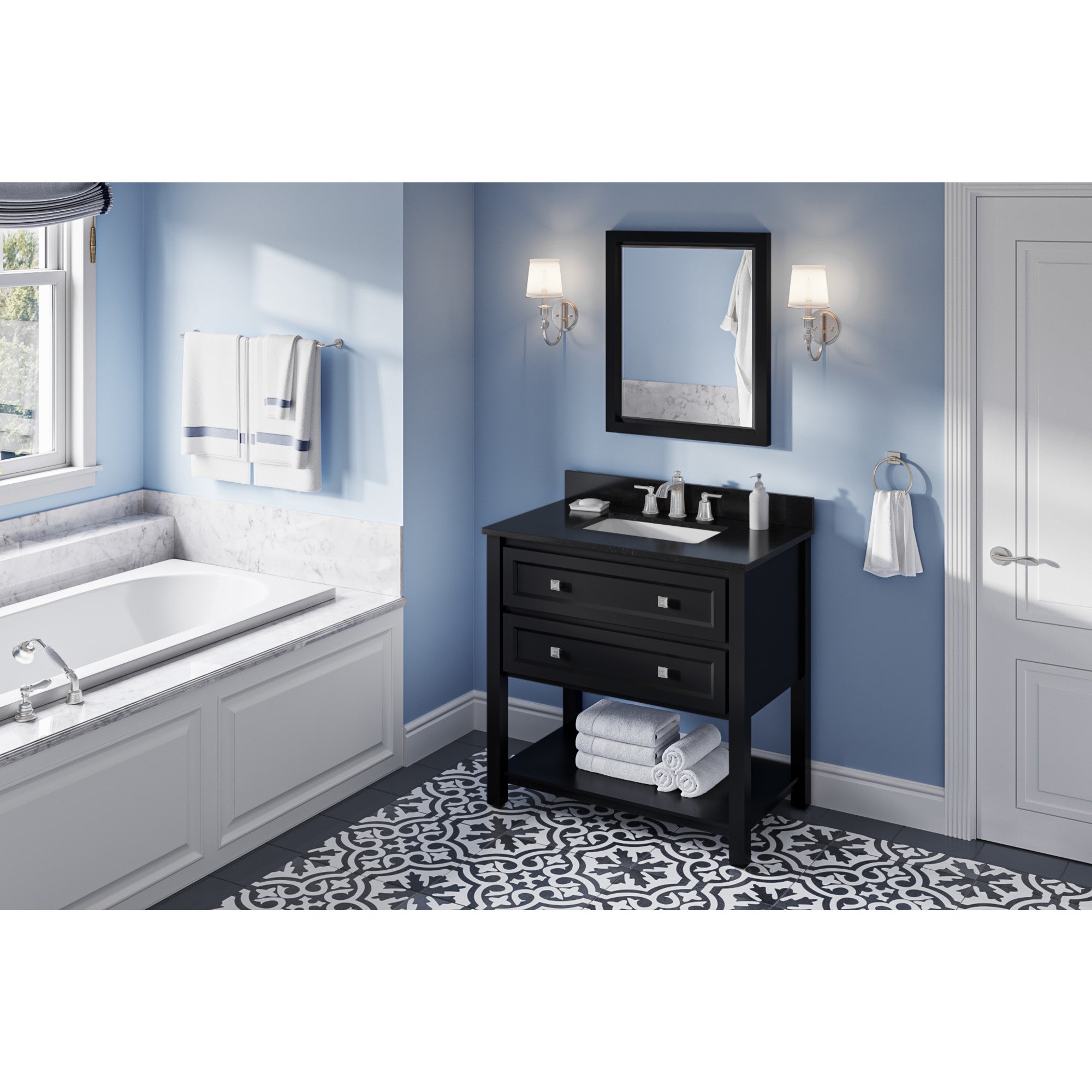 36" Black Adler Vanity, Black Granite Vanity Top, undermount rectangle bowl | KitchBath