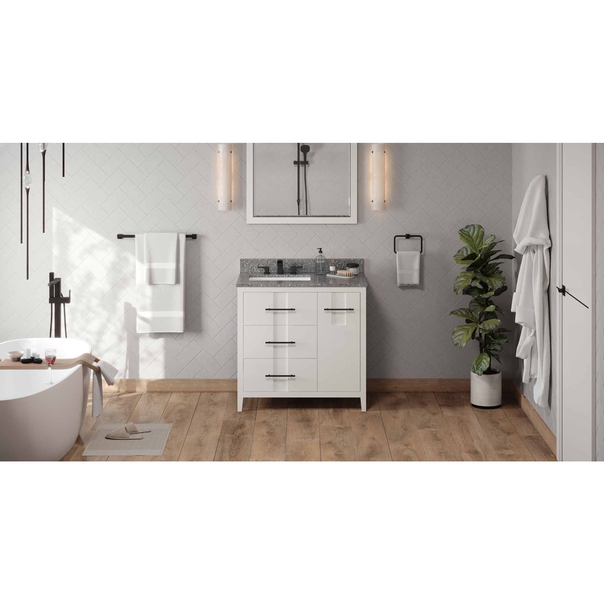 36" White Katara Vanity, left offset, Boulder Vanity Cultured Marble Vanity Top, undermount rectangle bowl | KitchBath
