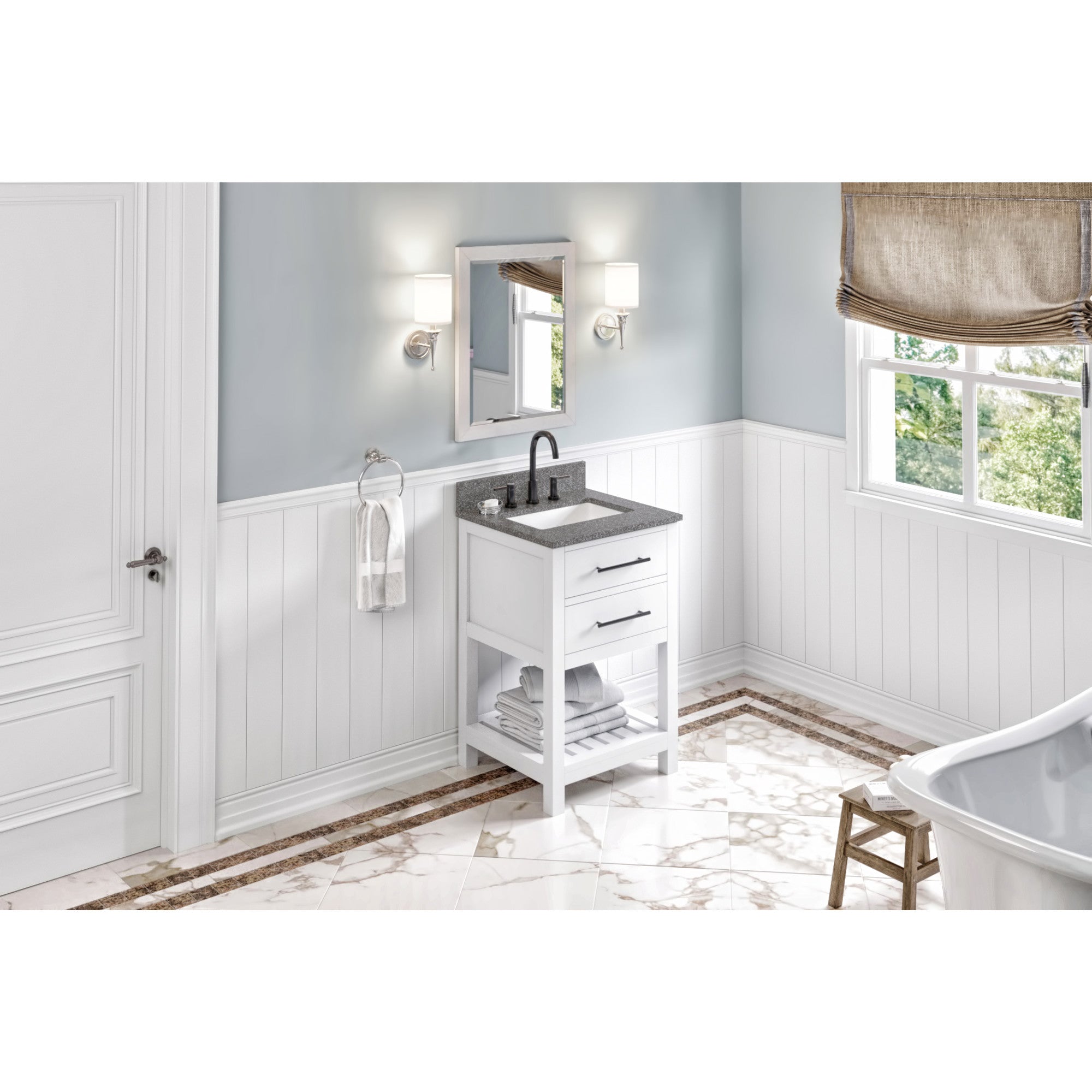 24" White Wavecrest Vanity, Boulder Cultured Marble Vanity Top, undermount rectangle bowl | KitchBath