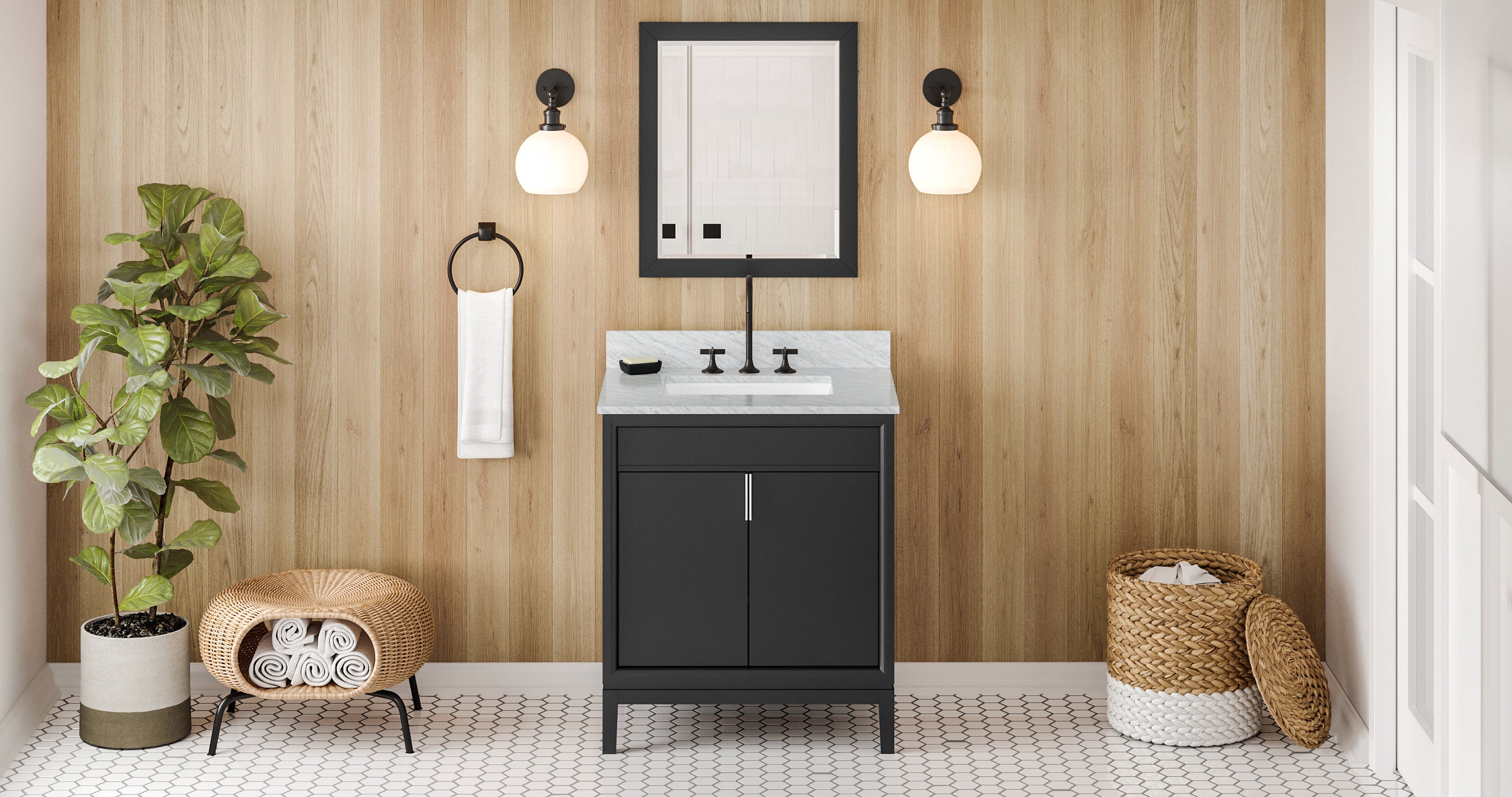 30" Black Theodora Vanity, White Carrara Marble Vanity Top, undermount rectangle bowl | KitchBath