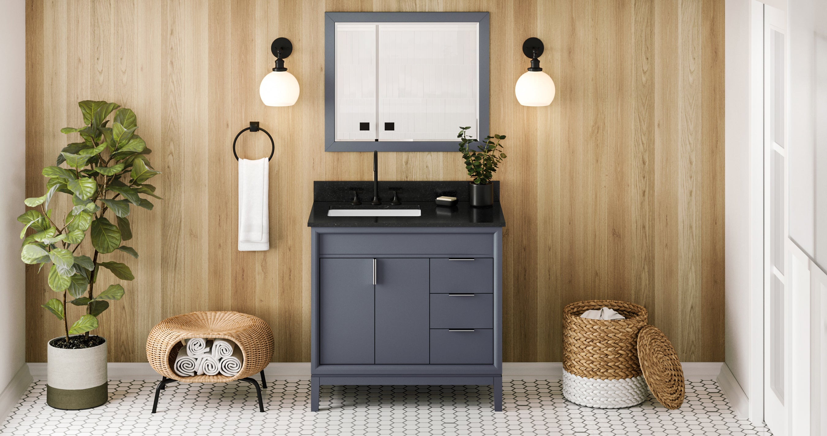 36" Blue Steel Theodora Vanity, left offset, Black Granite Vanity Top, undermount rectangle bowl | KitchBath
