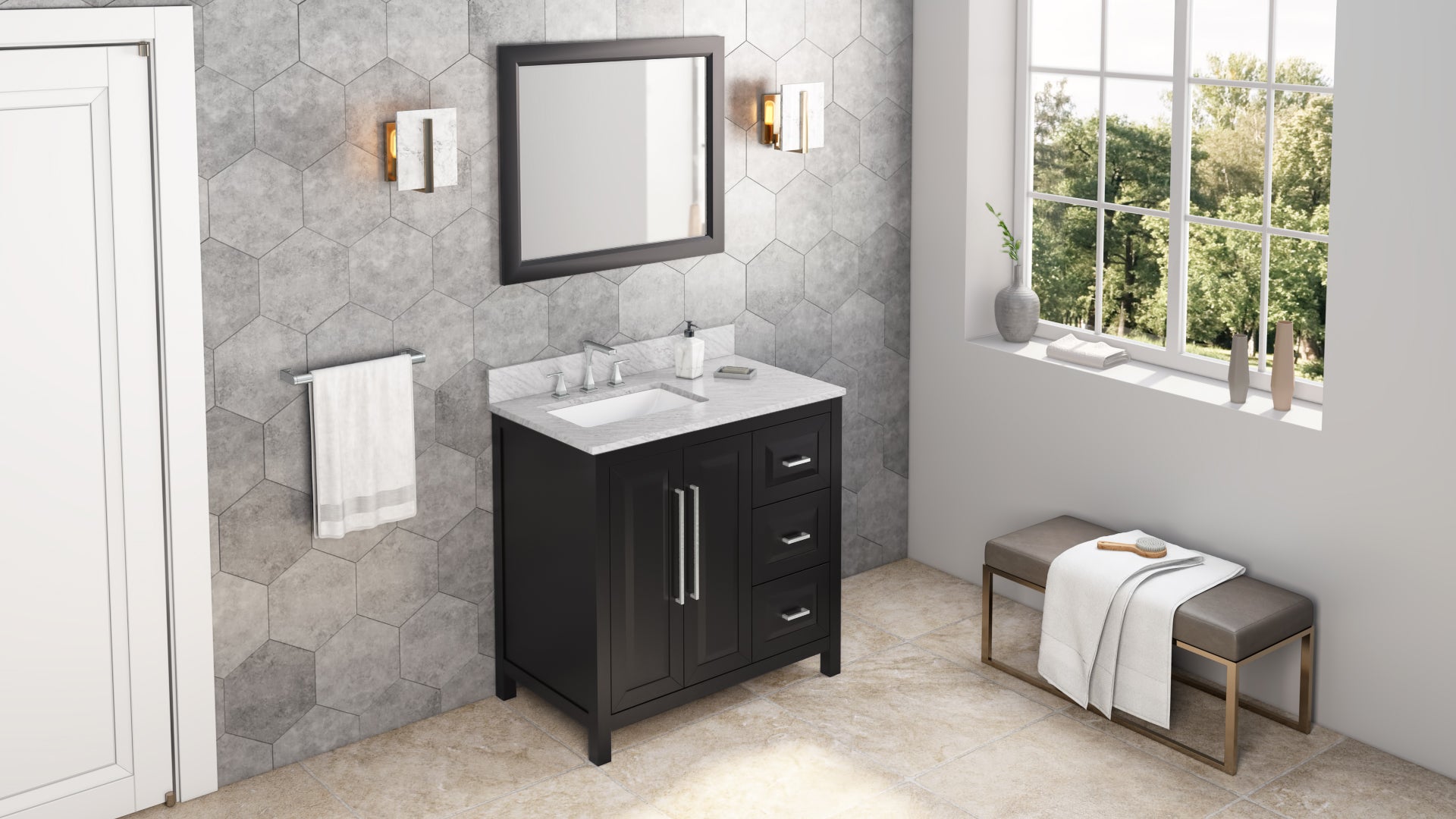 36" Black Cade Vanity, left offset, White Carrara Marble Vanity Top, undermount rectangle bowl