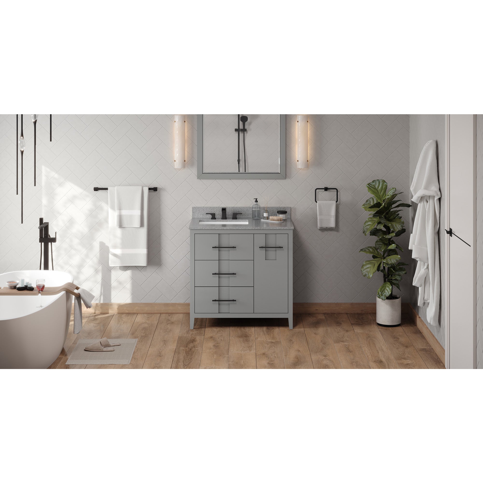 36" Grey Katara Vanity, left offset, Steel Grey Cultured Marble Vanity Top, undermount rectangle bowl | KitchBath