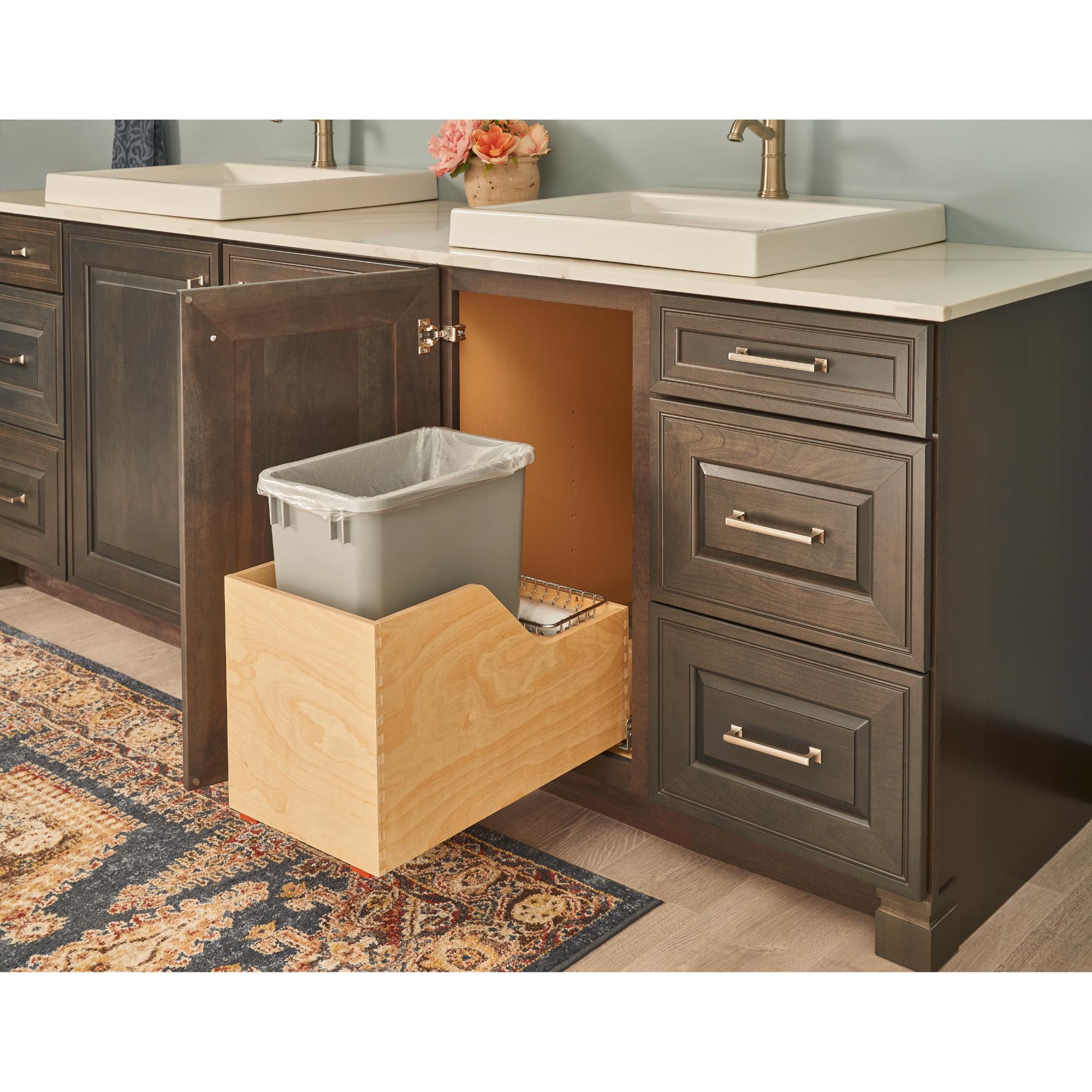Single 35 Quart Wood Bottom-Mount Soft-close Trashcan Rollout for Hinged Doors, Includes Grey Can | KitchBath