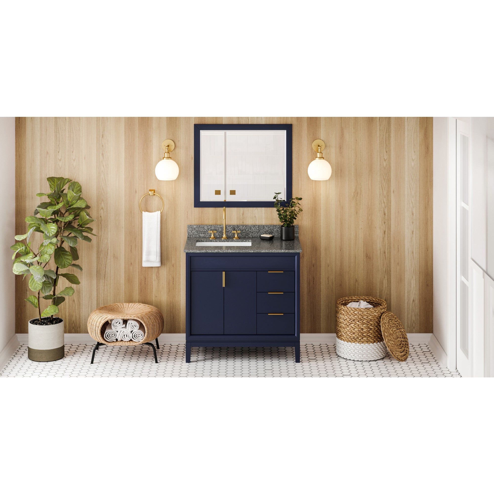 36" Hale Blue Theodora Vanity, left offset, Boulder Vanity Cultured Marble Vanity Top, undermount rectangle bowl | KitchBath