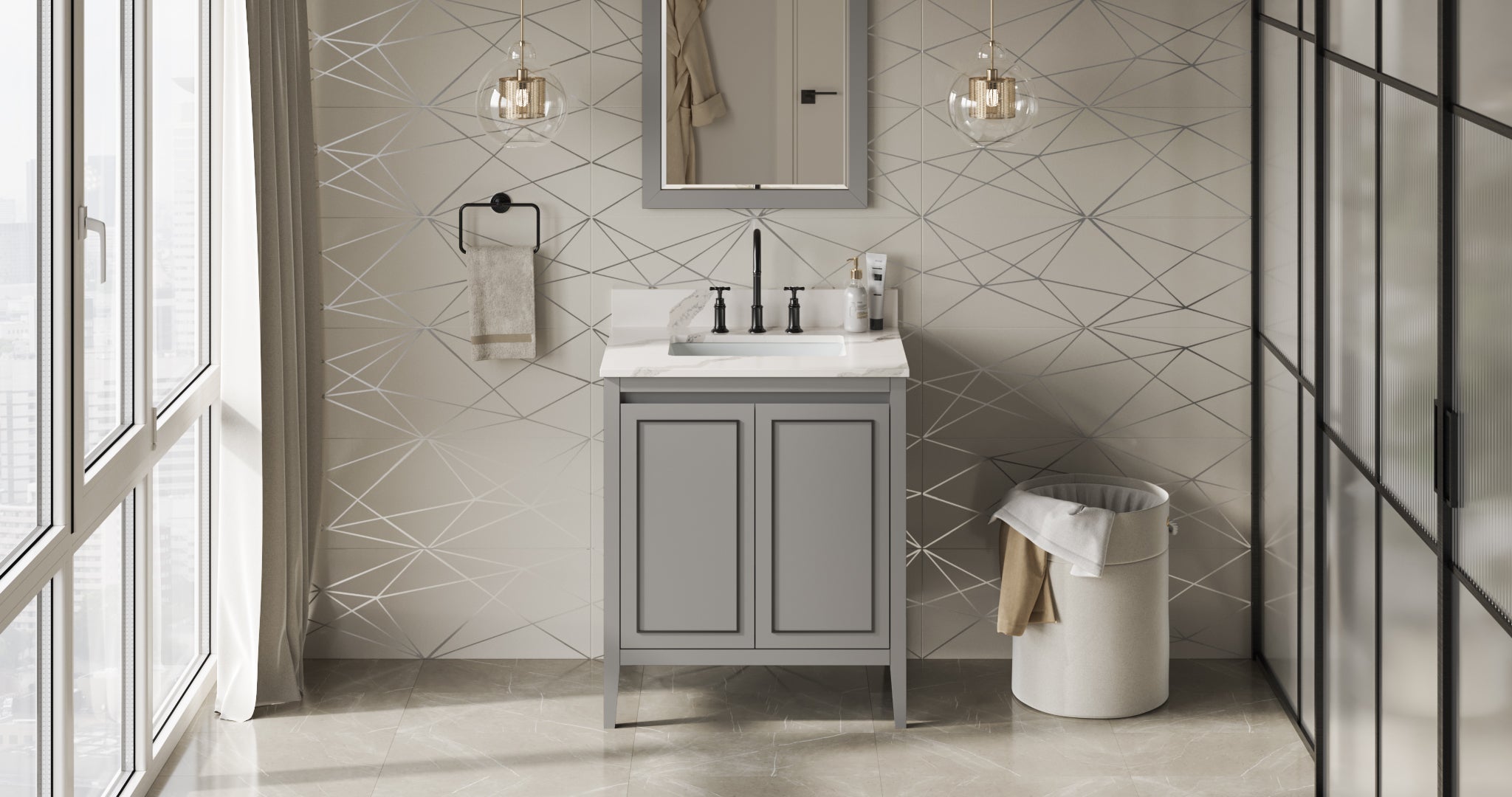 30" Grey Percival Vanity, Calacatta Vienna Quartz Vanity Top, undermount rectangle bowl | KitchBath