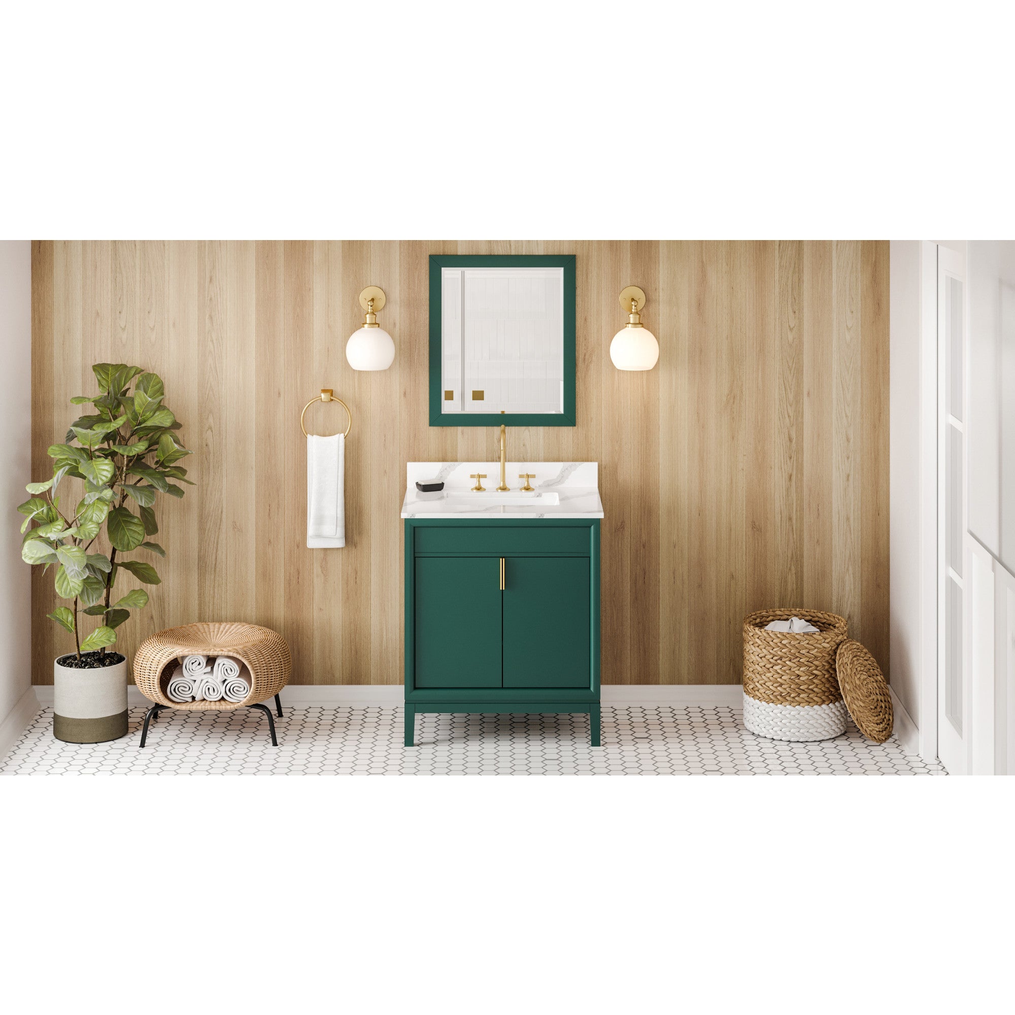 30" Forest Green Theodora Vanity, Calacatta Vienna Quartz Vanity Top, undermount rectangle bowl | KitchBath