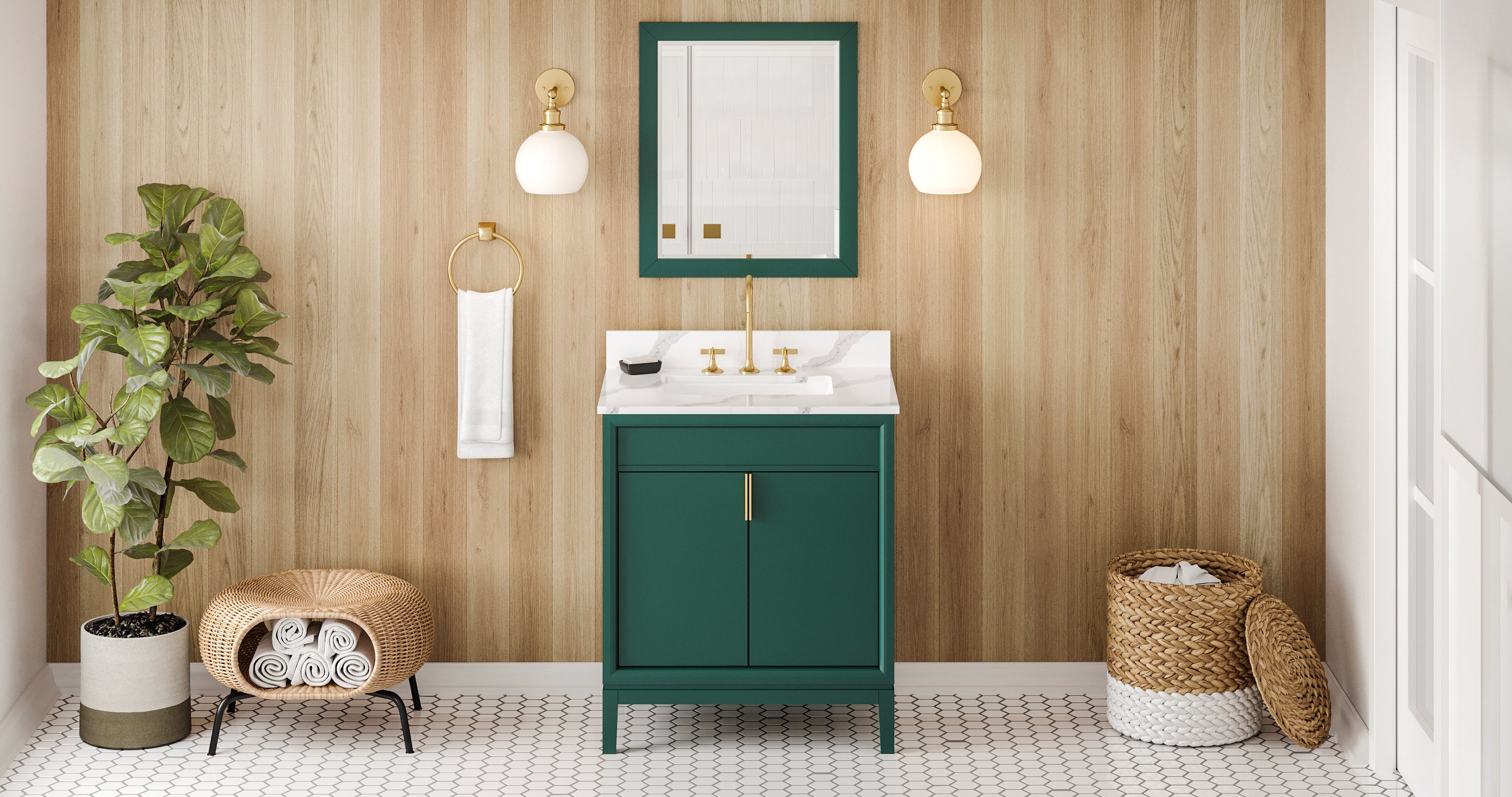 30" Forest Green Theodora Vanity, Calacatta Vienna Quartz Vanity Top, undermount rectangle bowl | KitchBath
