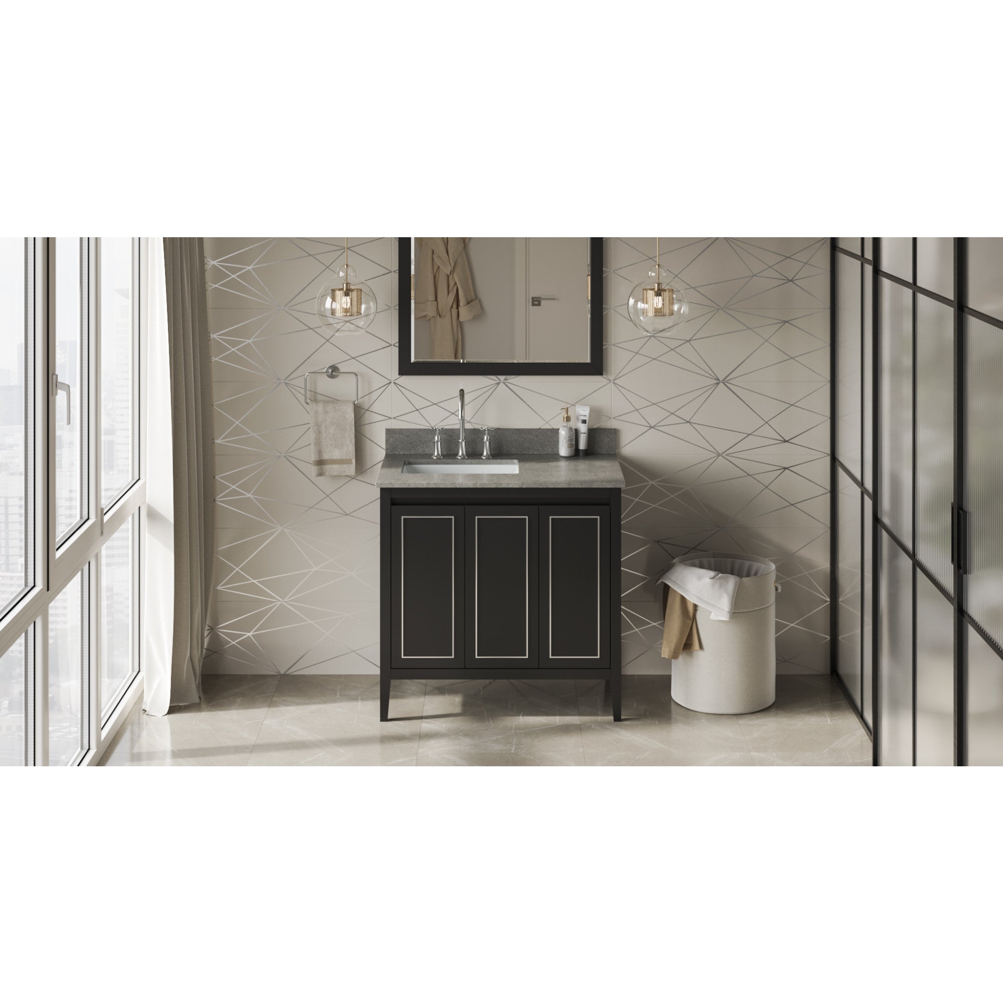 36" Black Percival Vanity, left offset, Steel Grey Cultured Marble Vanity Top, undermount rectangle bowl | KitchBath