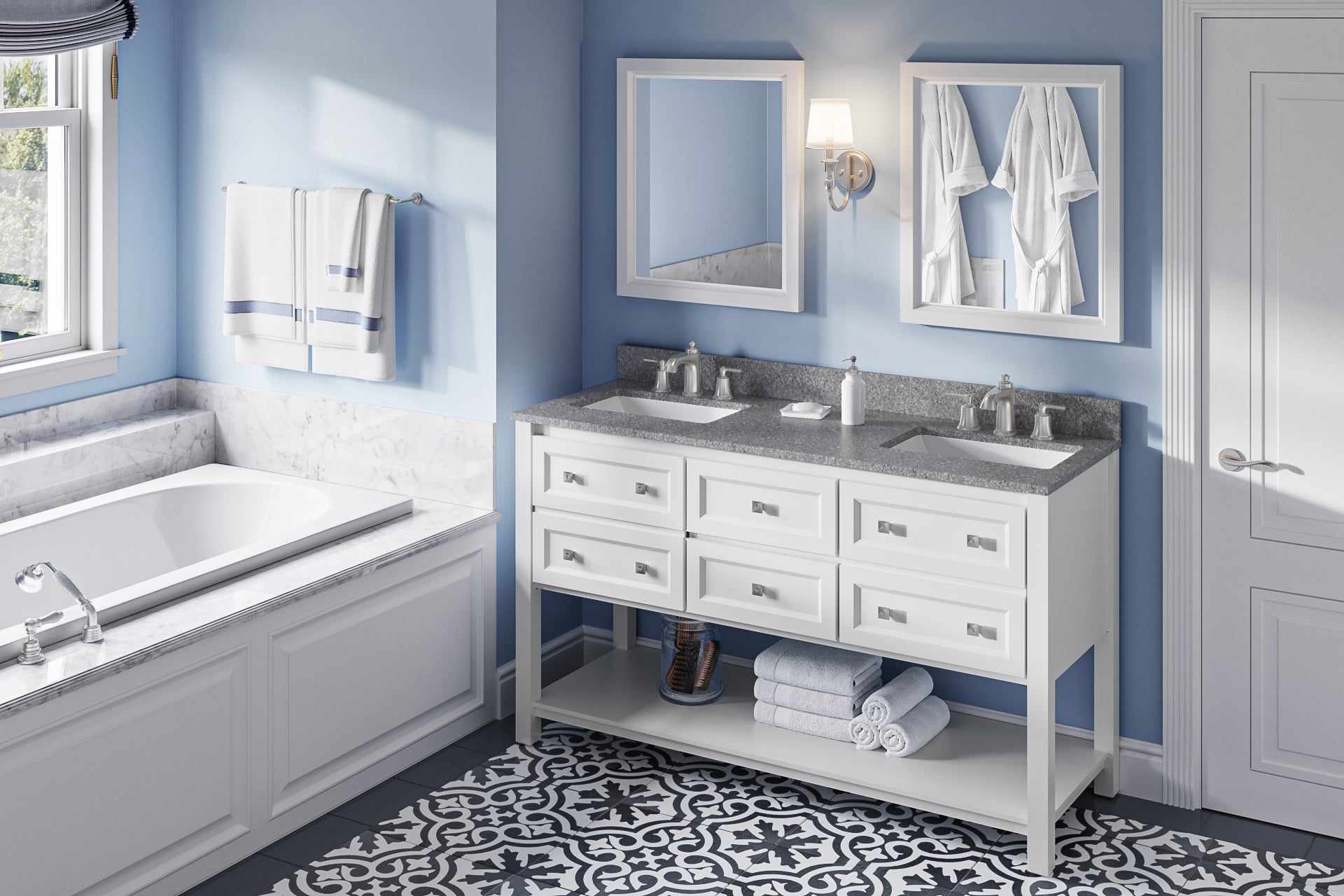 60" White Adler Vanity, double bowl | KitchBath