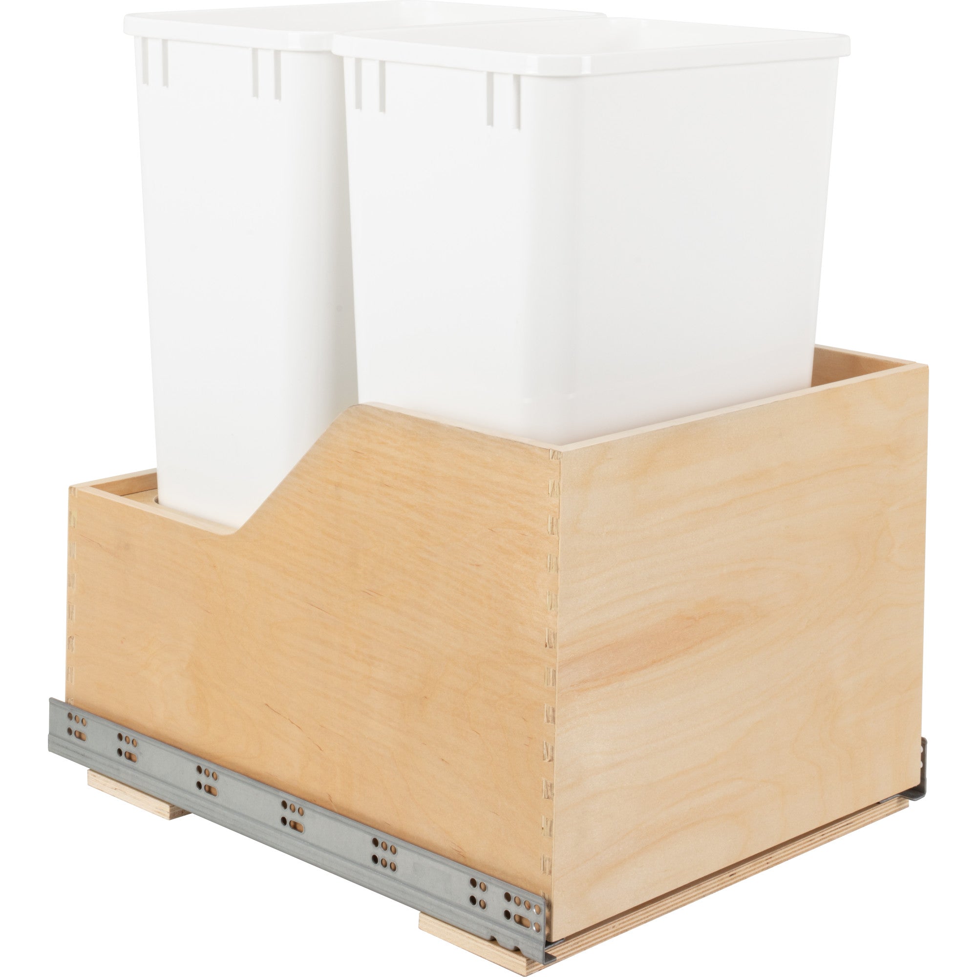 Double 50 Quart Wood Bottom-Mount Soft-close Trashcan Rollout for Hinged Doors, Includes Two White Cans | KitchBath