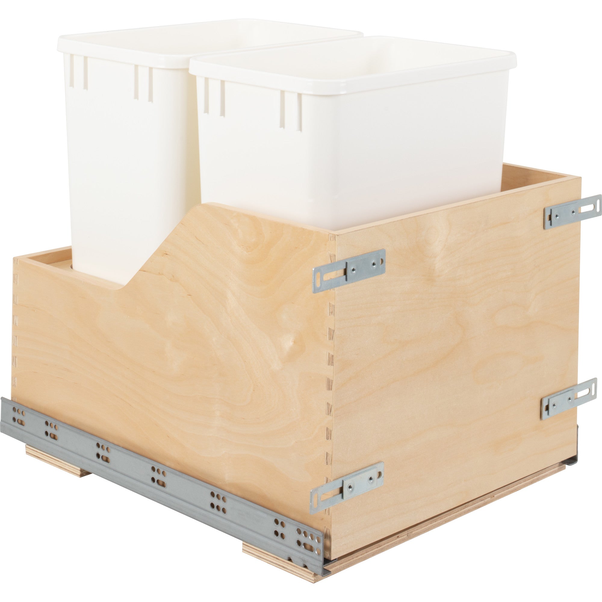 Double 35 Quart Wood Bottom-Mount Soft-close Trashcan Rollout for Door Mounting, Includes Two White Cans | KitchBath