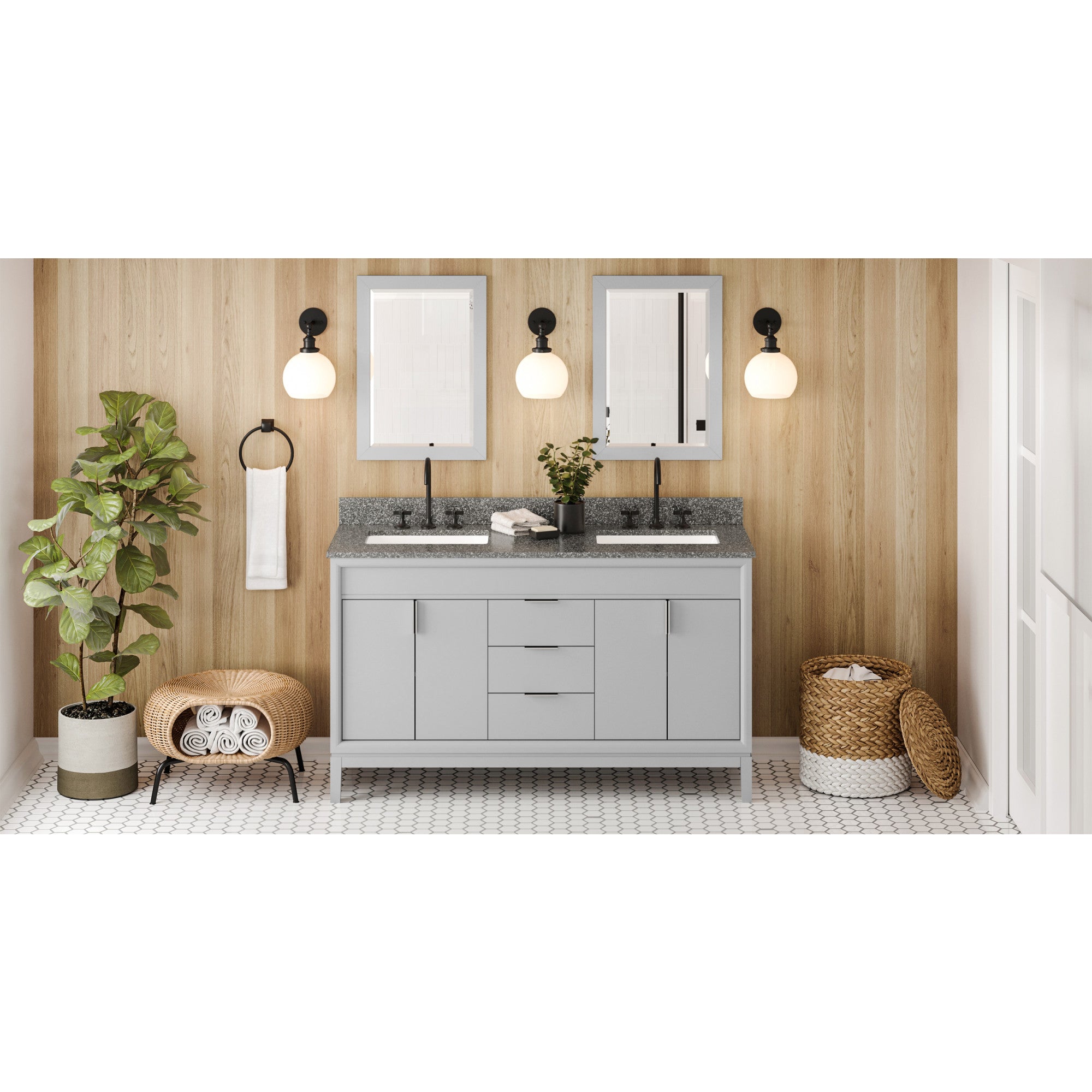 60" Grey Theodora Vanity, double bowl, Boulder Cultured Marble Vanity Top, two undermount rectangle bowls | KitchBath